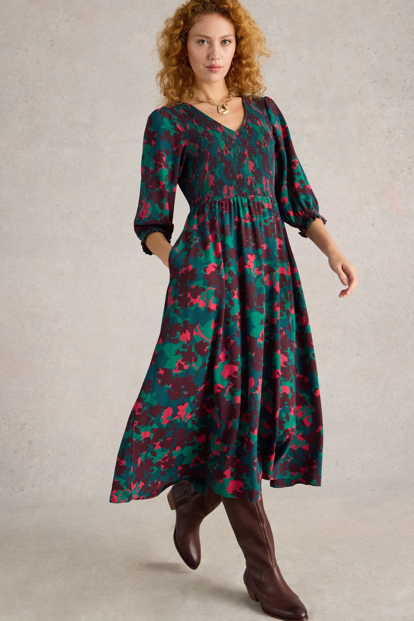 EMILY SHIRRED JERSEY DRESS PLUM MLT 1