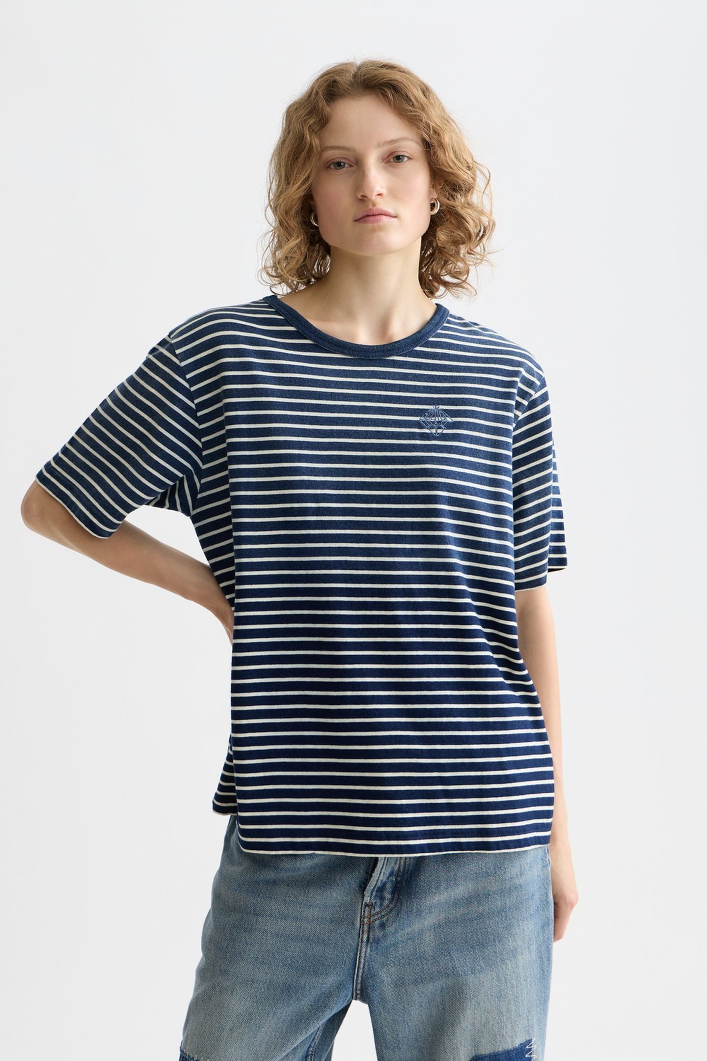 INDIGO WASHED LOOSE FIT T-SHRIT SAND STRIPE 1
