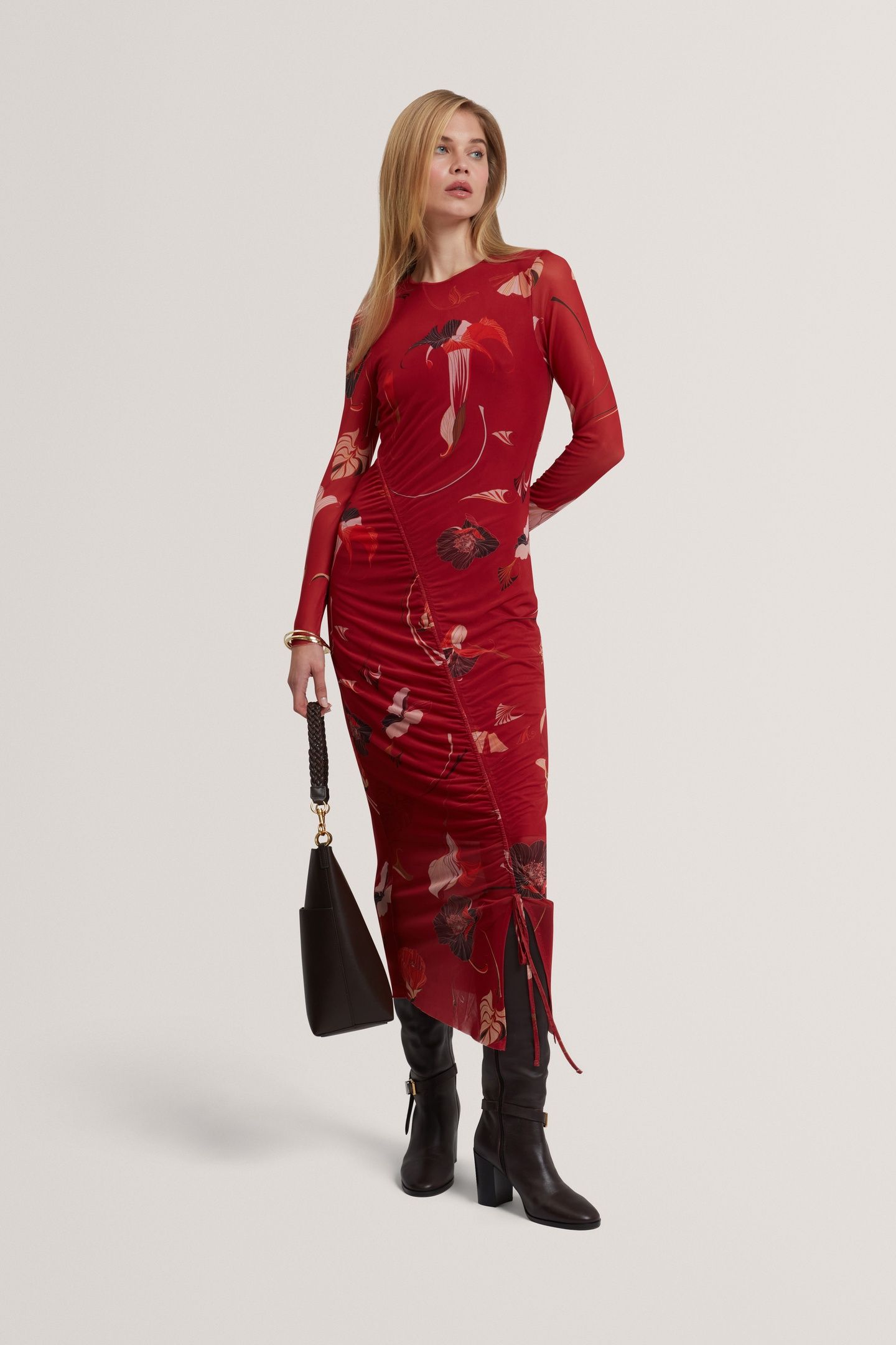 BODYCON MESH GATHERED MIDI DRESS RED 1