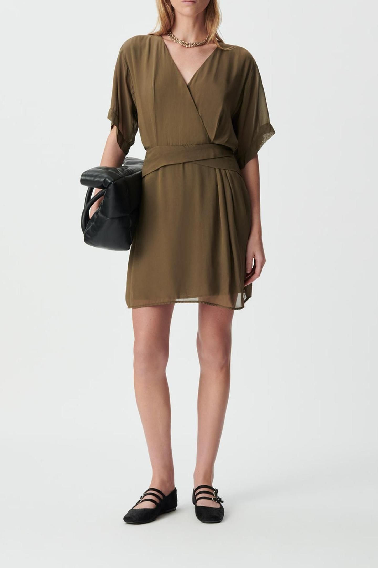 KHAKI WRAP DRESS WITH DRAPED WAIST 3
