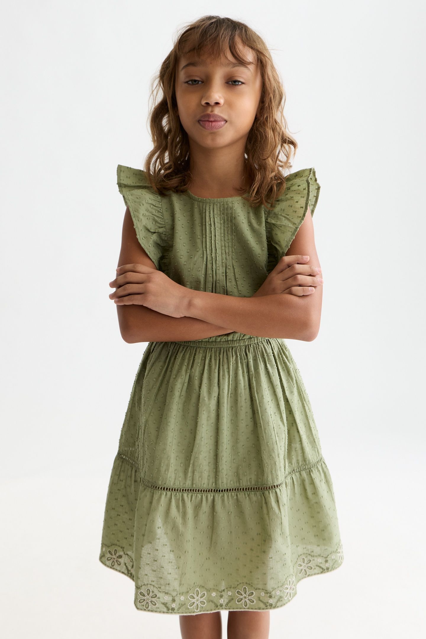 GIRLS EMBROIDERED HEM CLIP JACQUARD COTTON DRESS DARK GREEN 5
