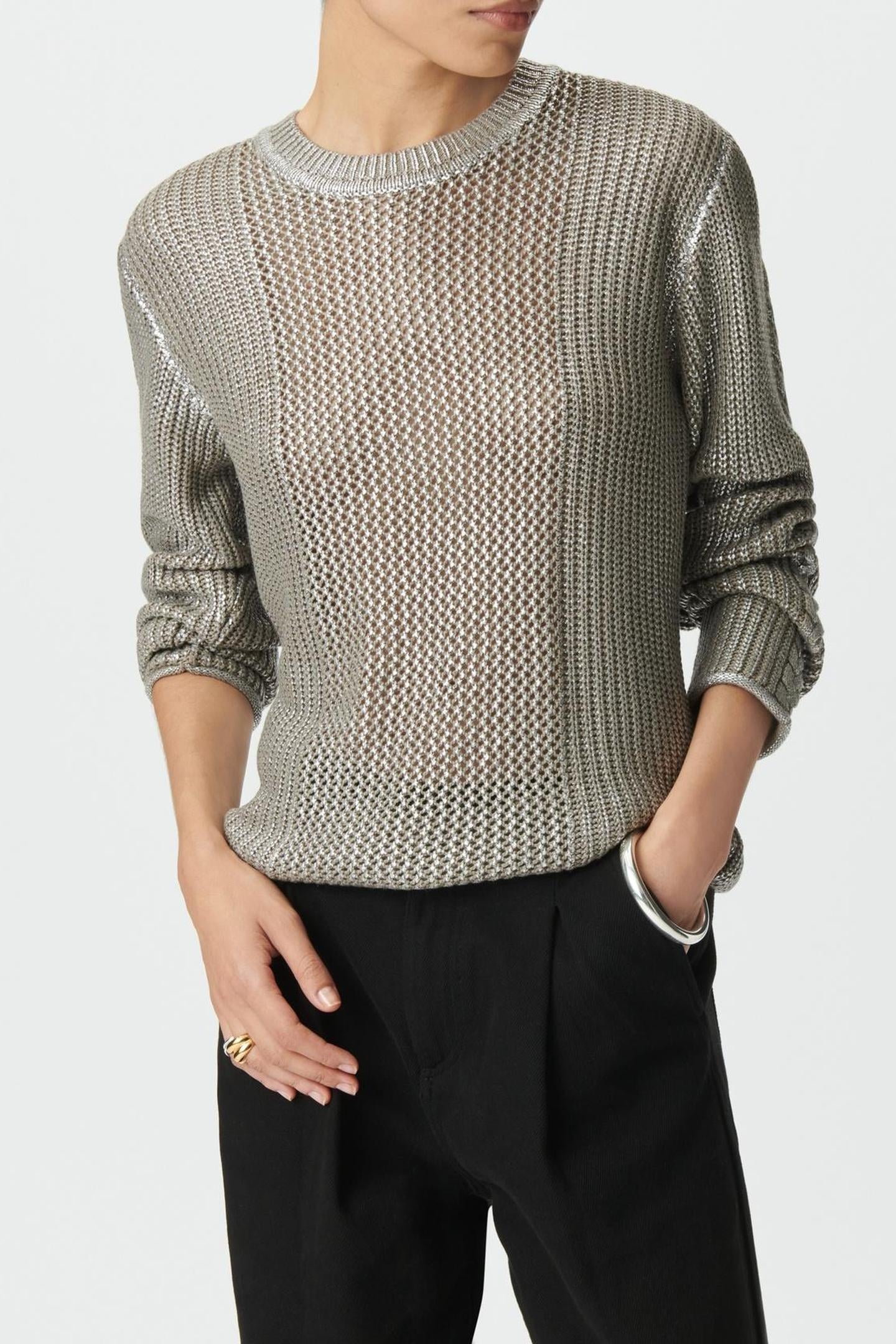 BEIGE SILVER-COATED DECORATIVE KNIT SWEATER 1