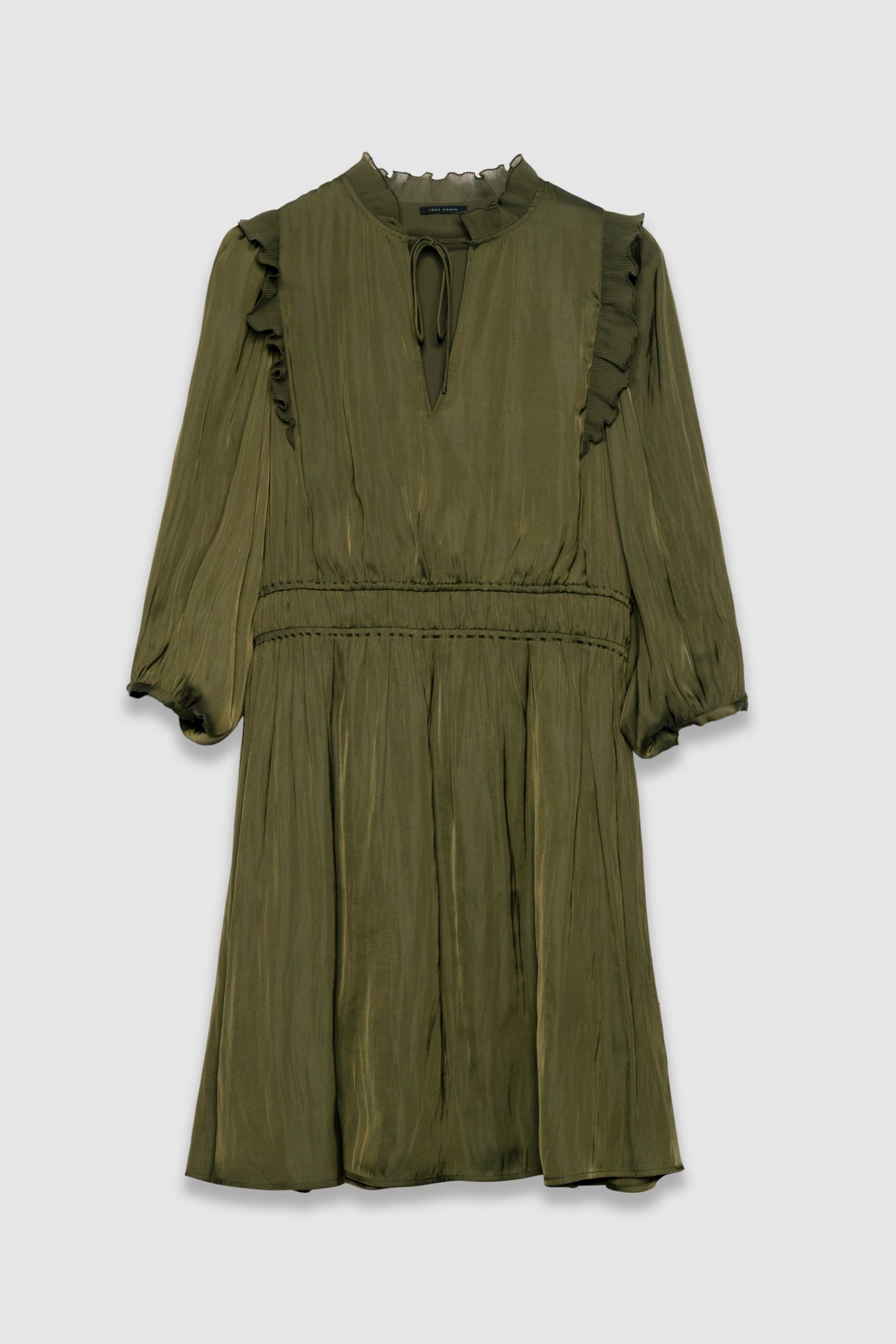 KHAKI CRUSHED SATIN DRESS WITH PLEATED RUFFLES 4