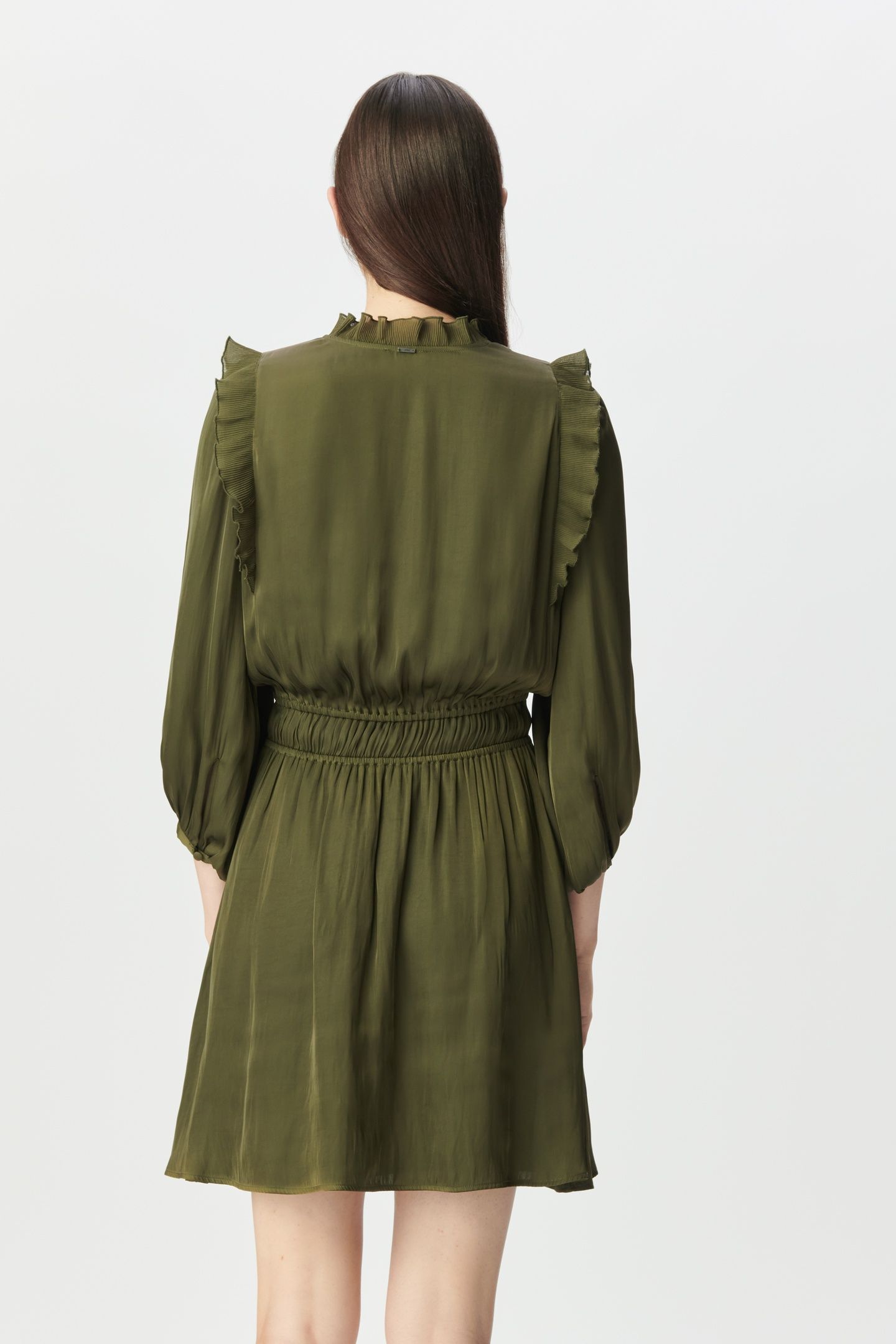 KHAKI CRUSHED SATIN DRESS WITH PLEATED RUFFLES 2