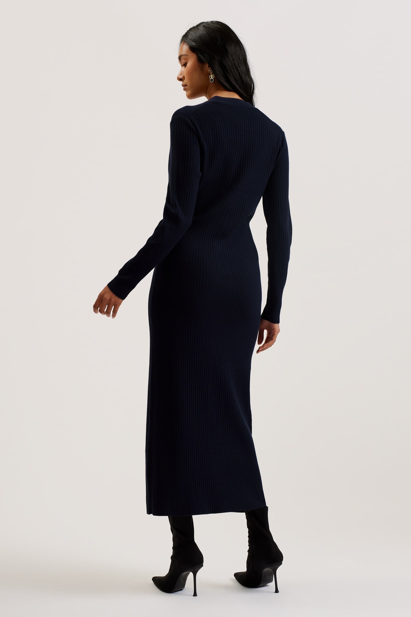 ELMHAA RIBBED KNITTED V NECK MAXI CARDIGAN NAVY 2