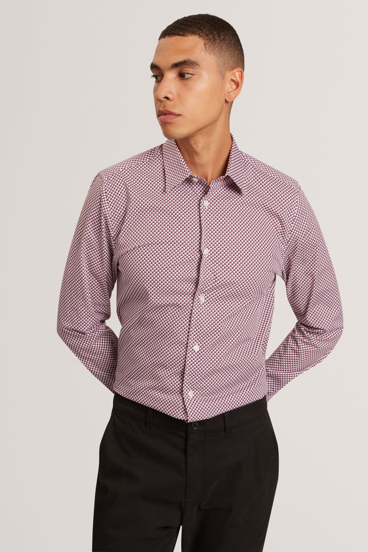 LS SLIM GEO PRINT SHIRT WHITE 1