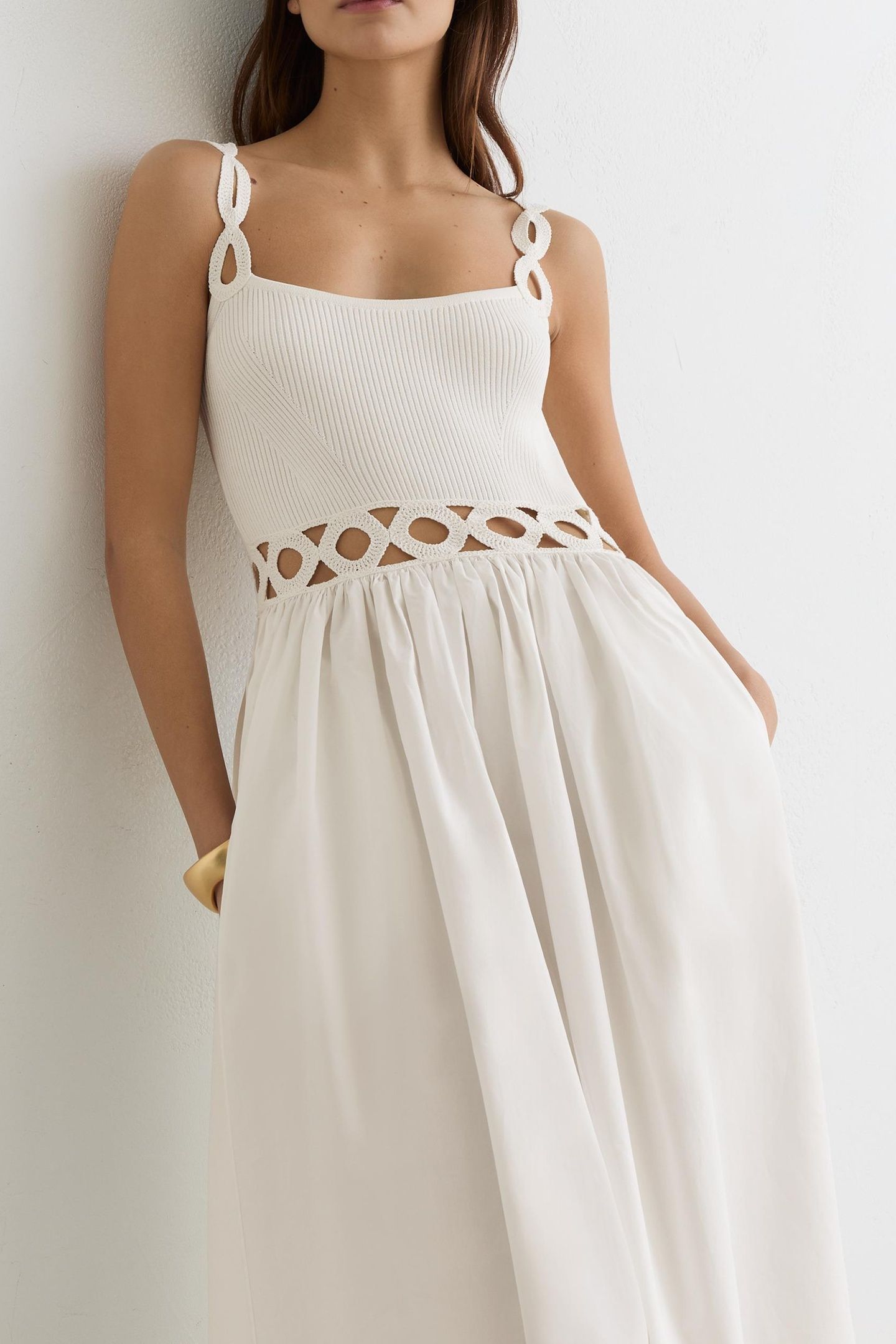 KNIT WOVEN MIDI DRESS IVORY 6