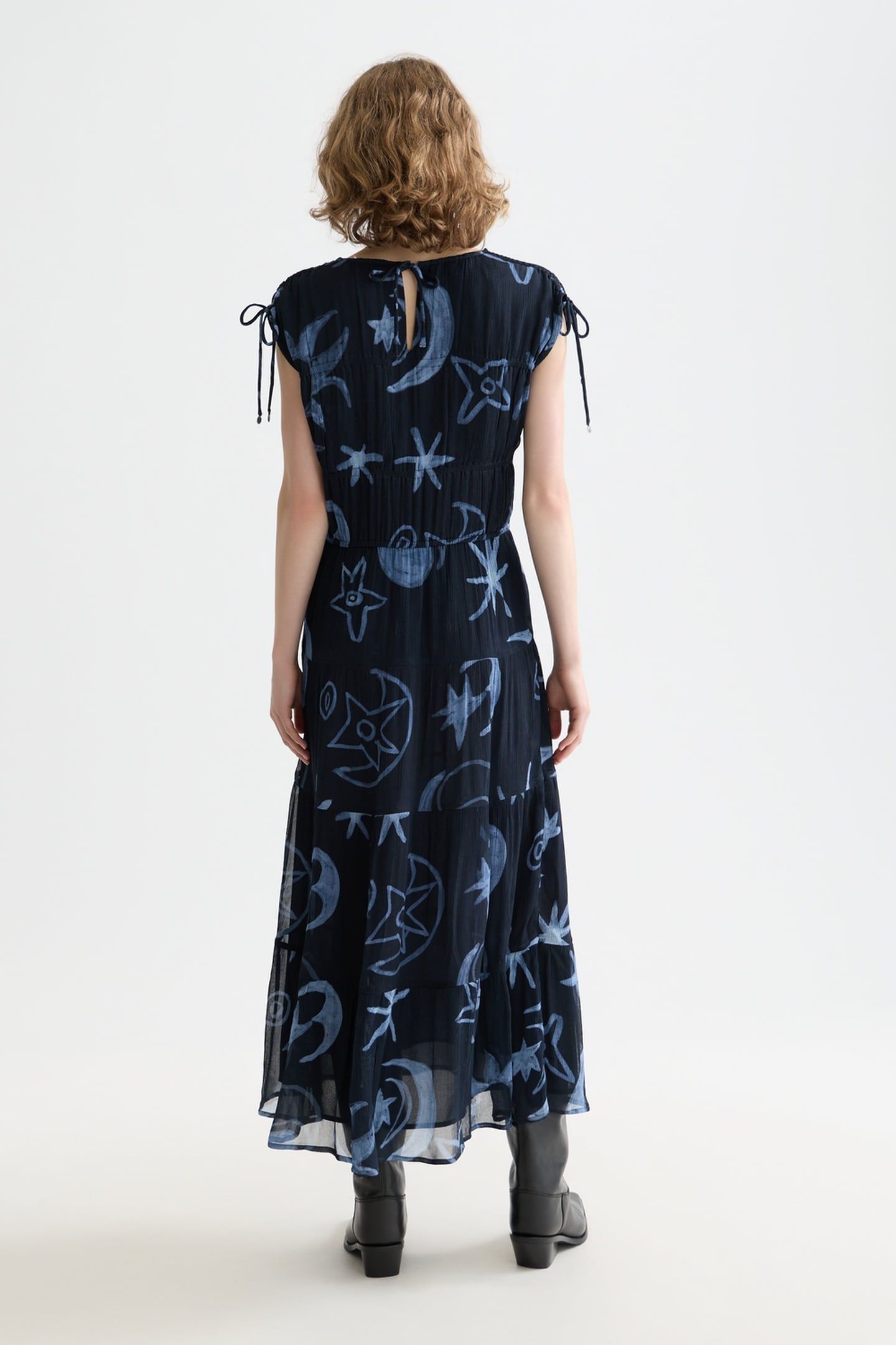 GATHERED WITH TIES MIDI DRESS COSMIC SKY SPACED CARBON 2
