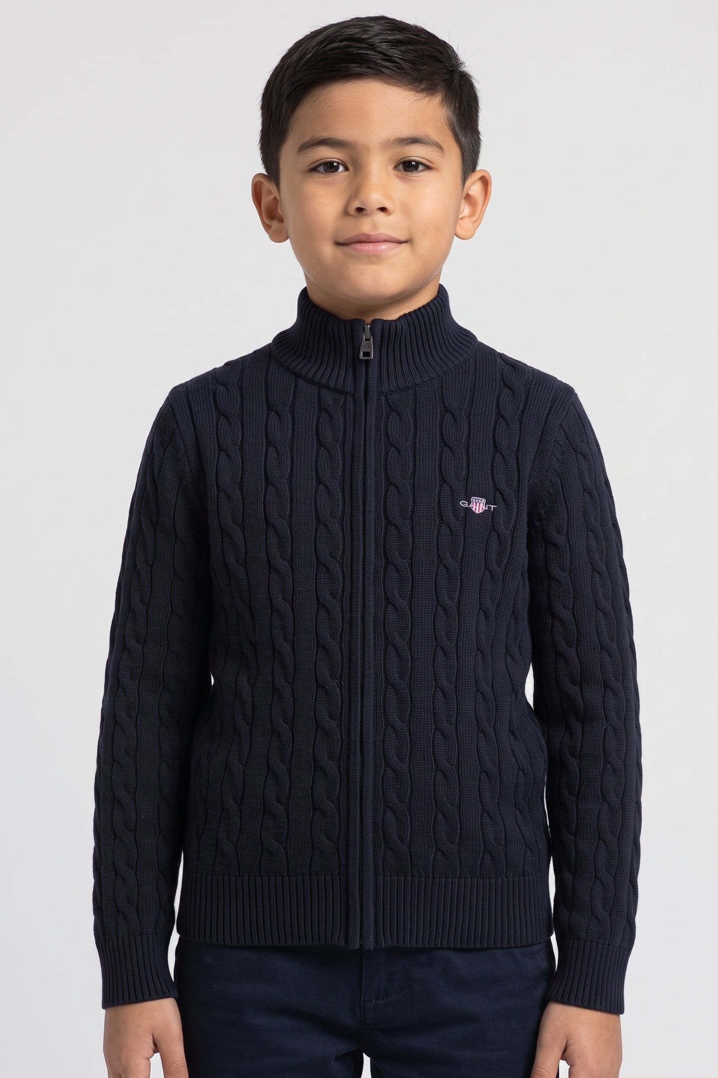 TEEN UNISEX COTTON CABLE FULL ZIP CARDIGAN EVENING BLUE 1