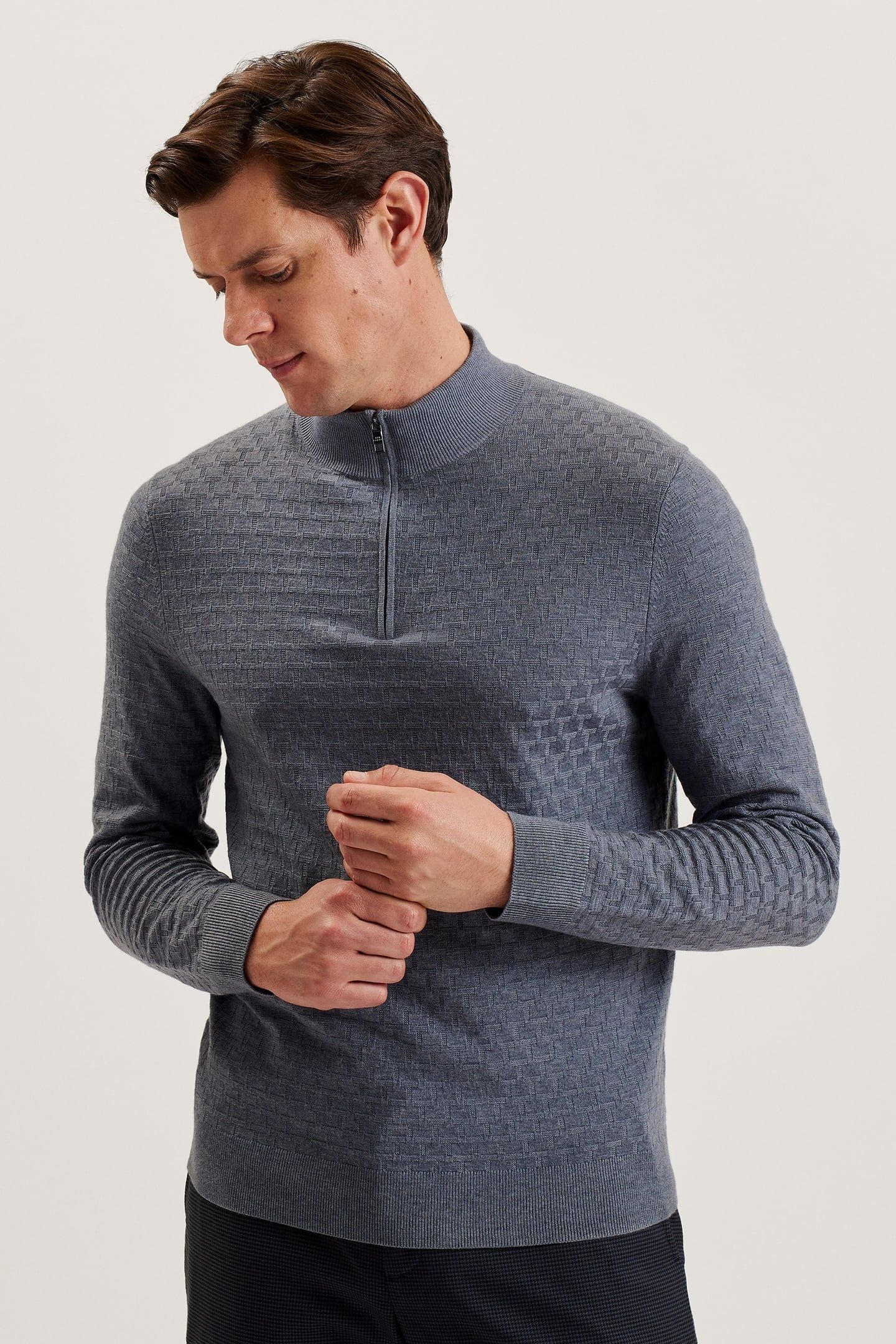 KURNLE LS T STITCH KNITTED HALF ZIP MID-BLUE 1