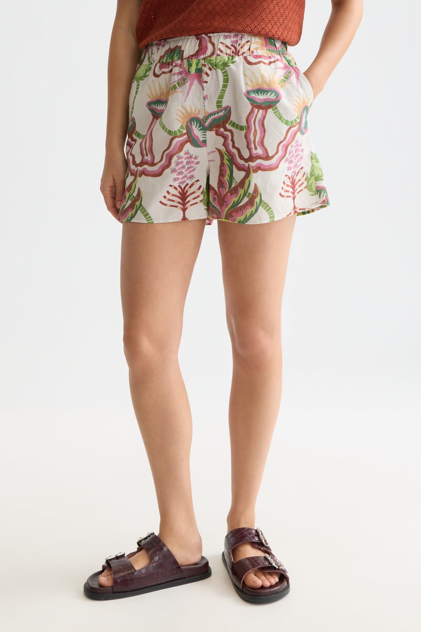 COTTON-LINEN ELASTIC WAIST SHORTS DESERT FLORAL CANYON CLAY 1