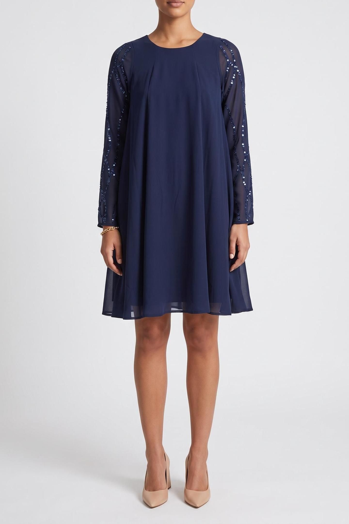 RAFFY - NAVY DRESS WITH EMBROIDERED SEQUIN SLEEVES 1