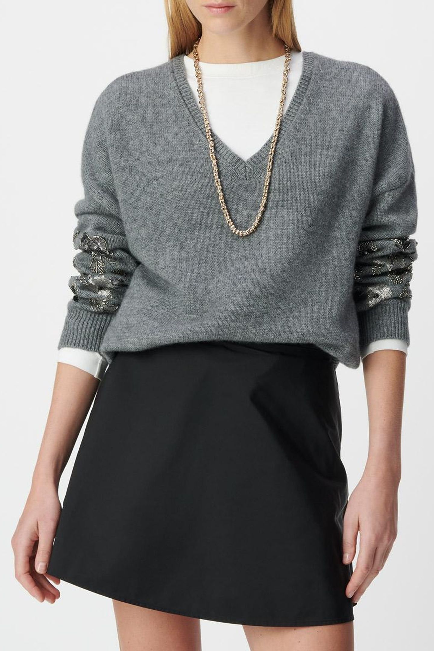 HEATHER GREY KNIT SWEATER WITH JEWEL DETAILS FOR WOMEN 1