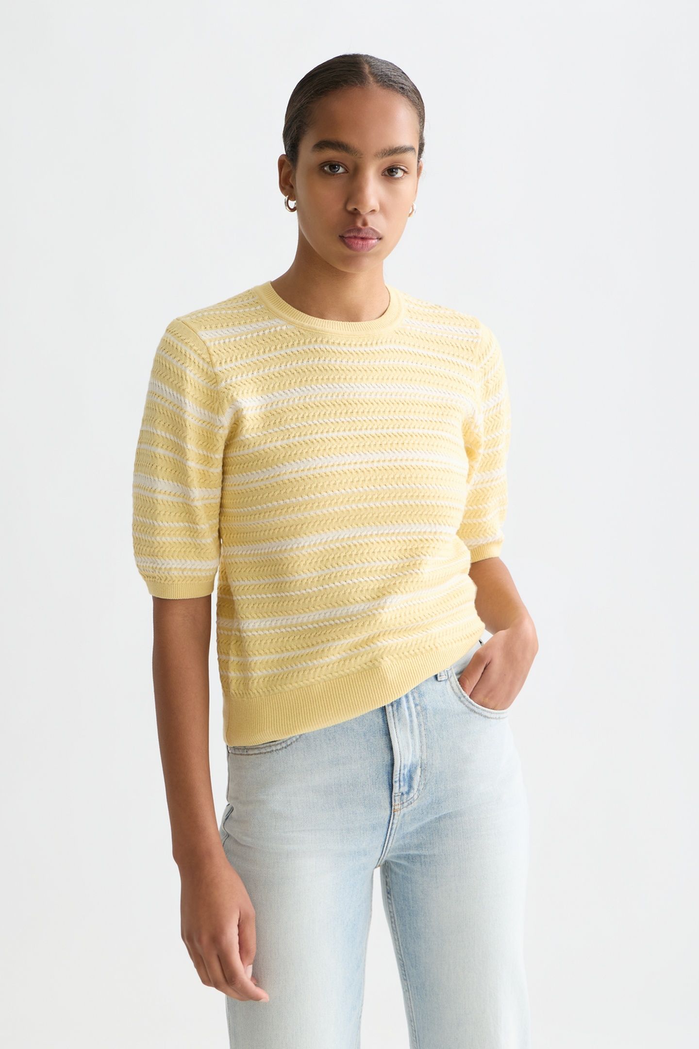 TEXTURED STRIPE KNITTED TEE PARSNIP STRIPE 1
