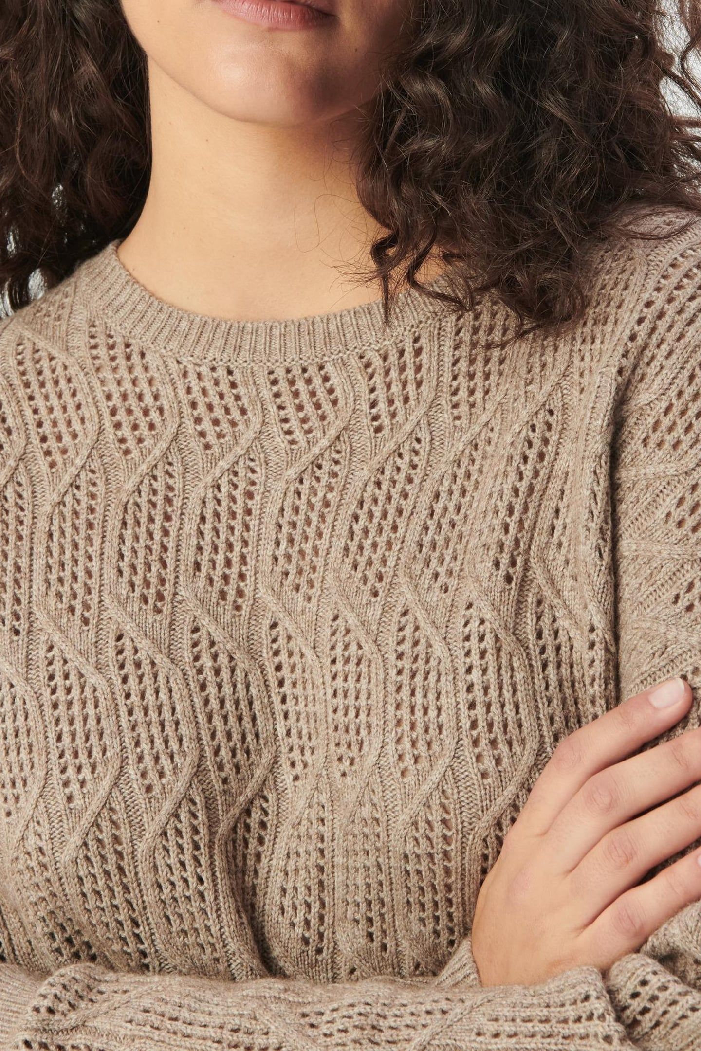 BEIGE DECORATIVE OPENWORK KNIT SWEATER 5