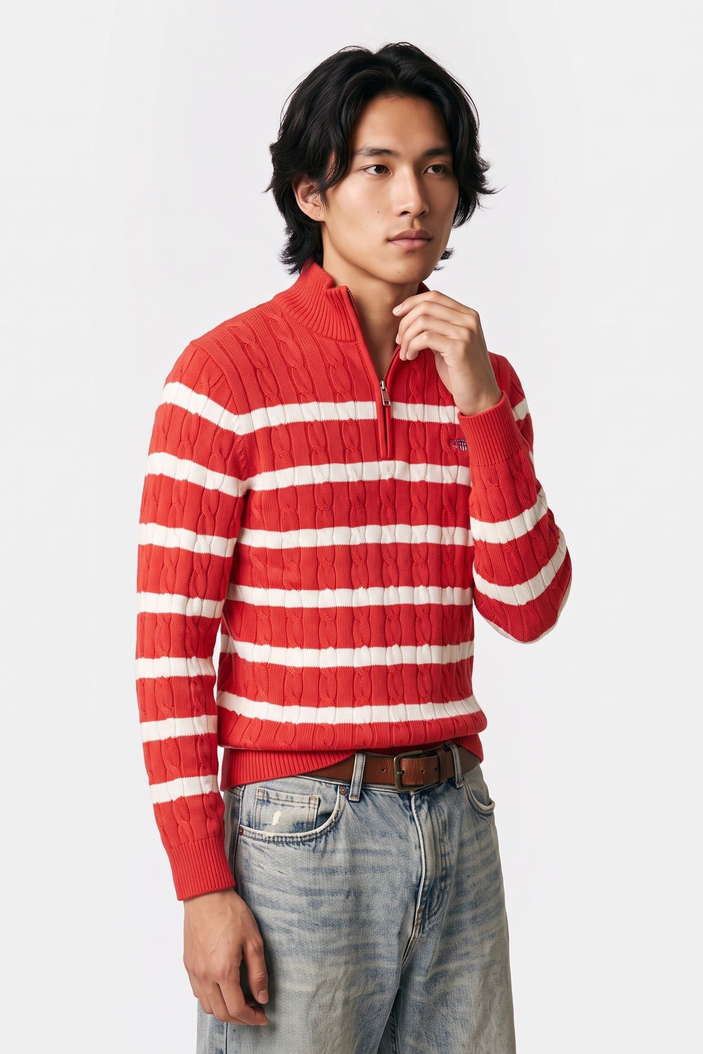 STRIPED COTTON CABLE HALF ZIP ROSE RED 1