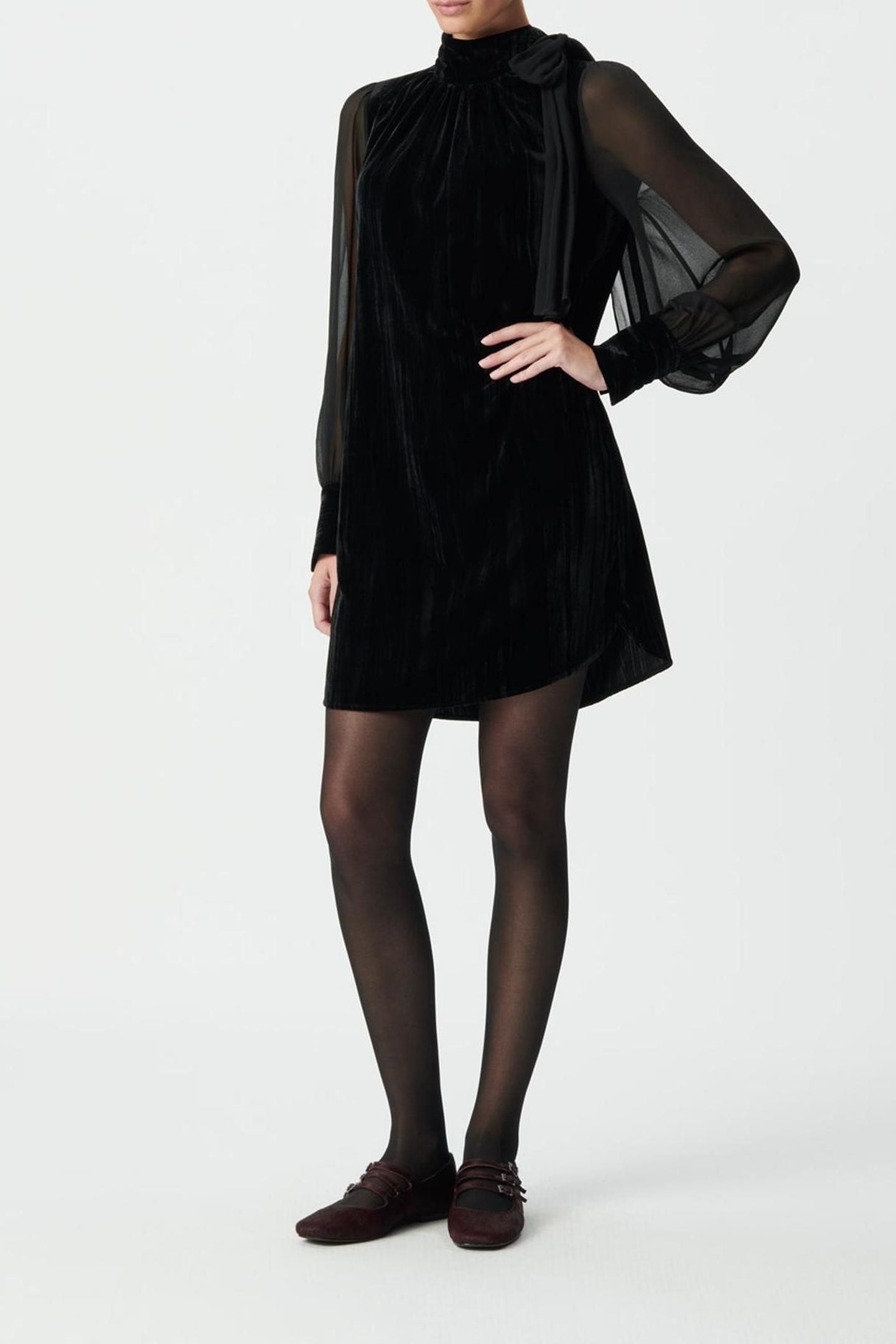 BLACK CRUSHED VELVET AND VOILE MIXED FABRIC DRESS 4