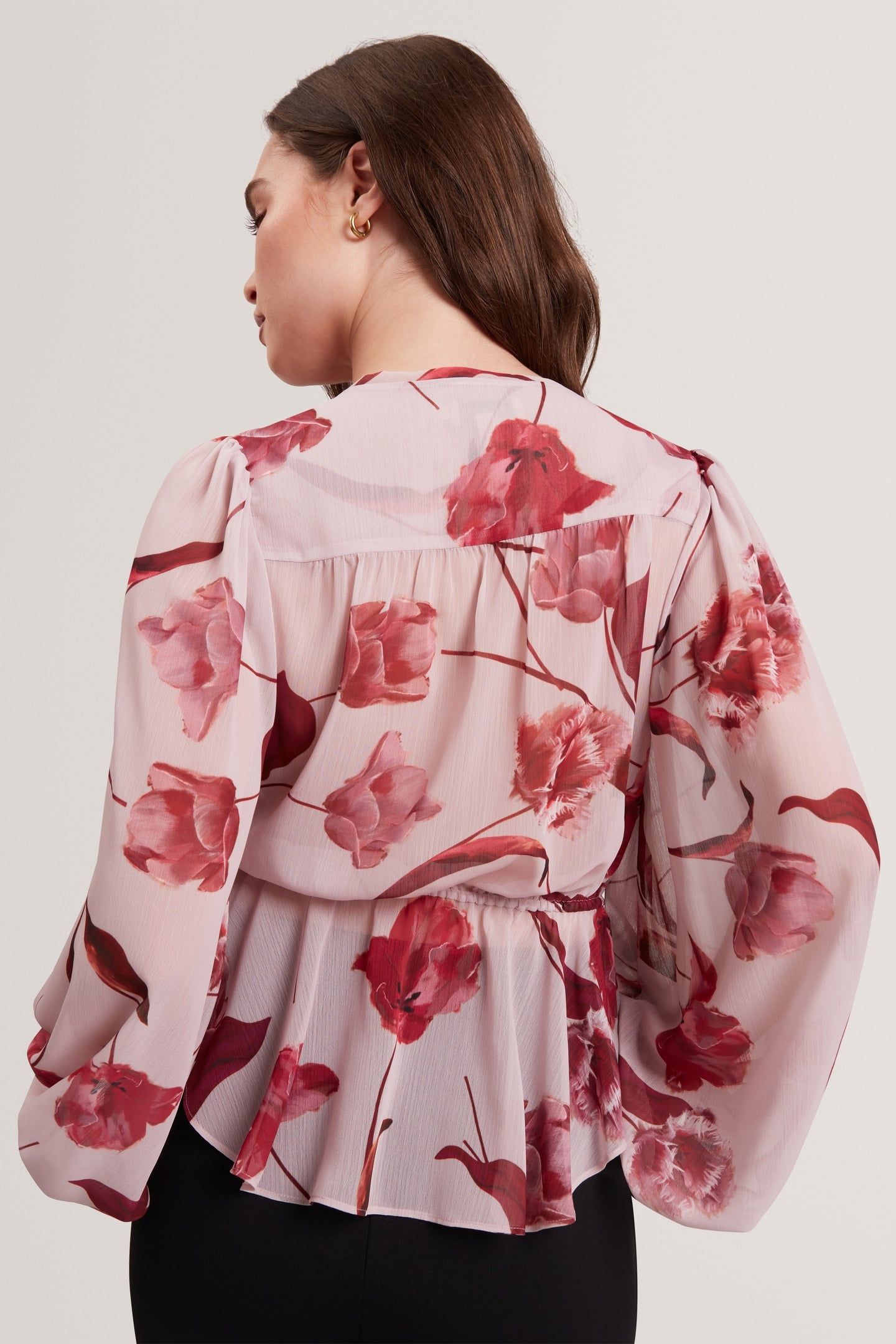PRINTED TIE FRONT BALLOON SLEEVE BLOUSE PINK 2