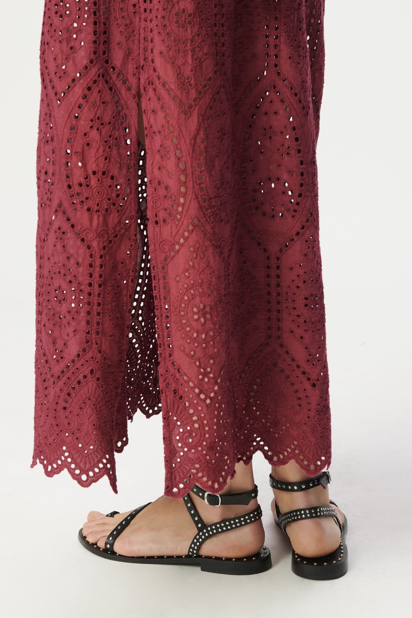 BURGUNDY EYELET EMBROIDERY OPEN BACK LONG DRESS 6