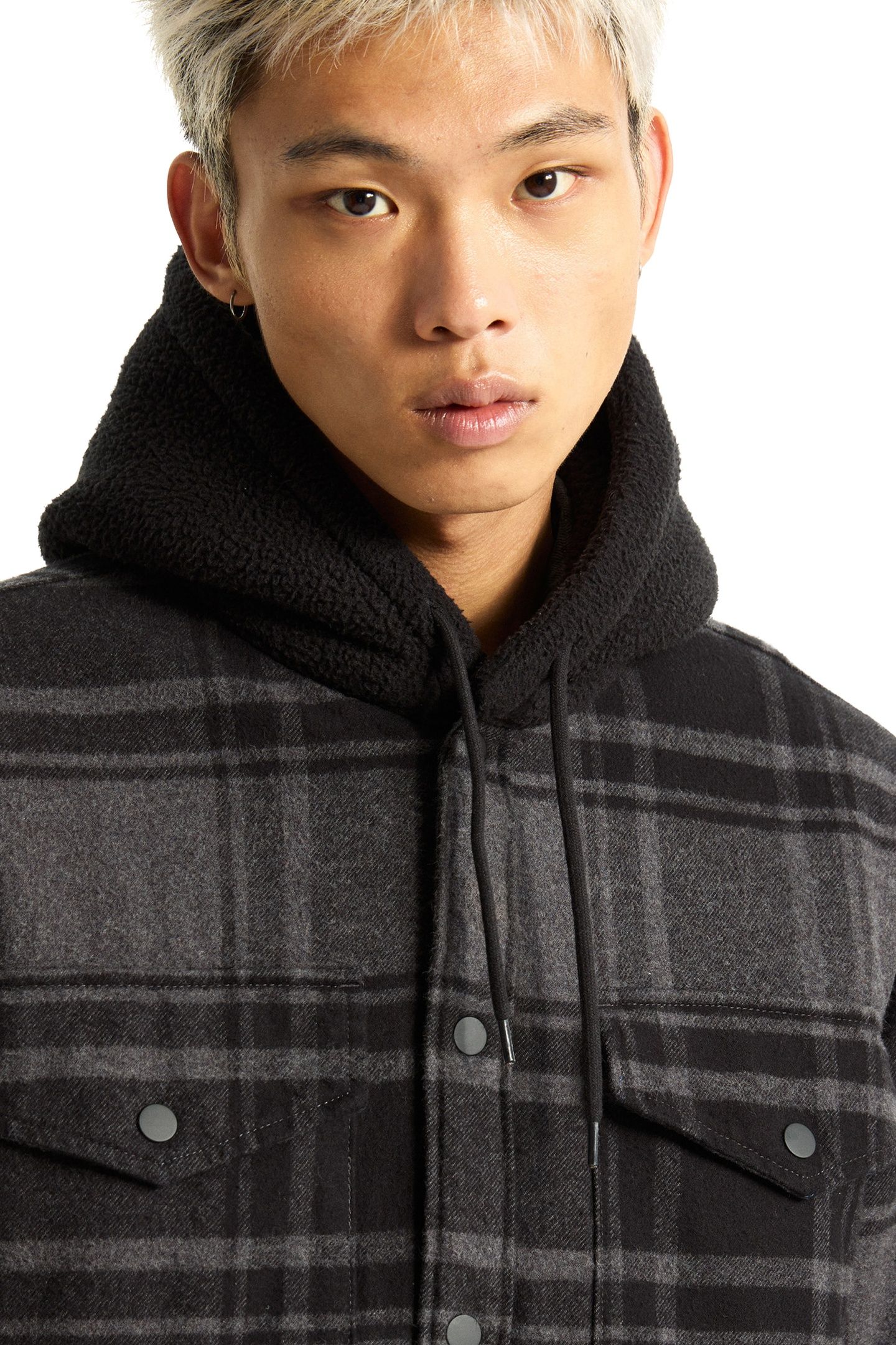 PIEDMONT HOODED PLAID SHACKET BLACK/ASPHALT HEATHER 7