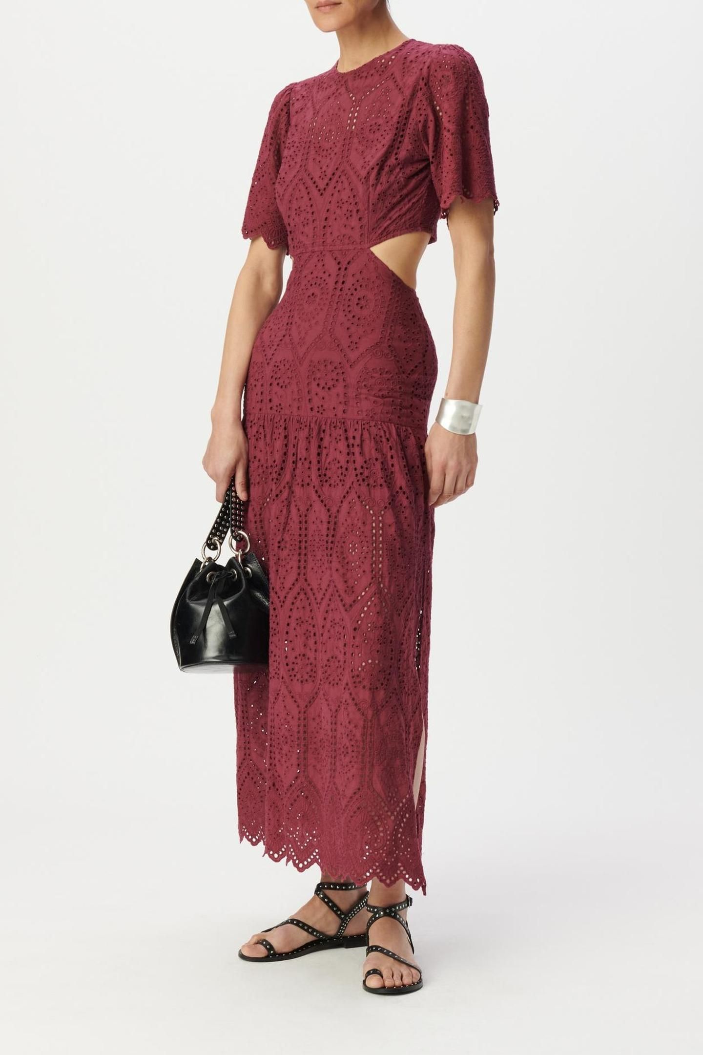 BURGUNDY EYELET EMBROIDERY OPEN BACK LONG DRESS 1