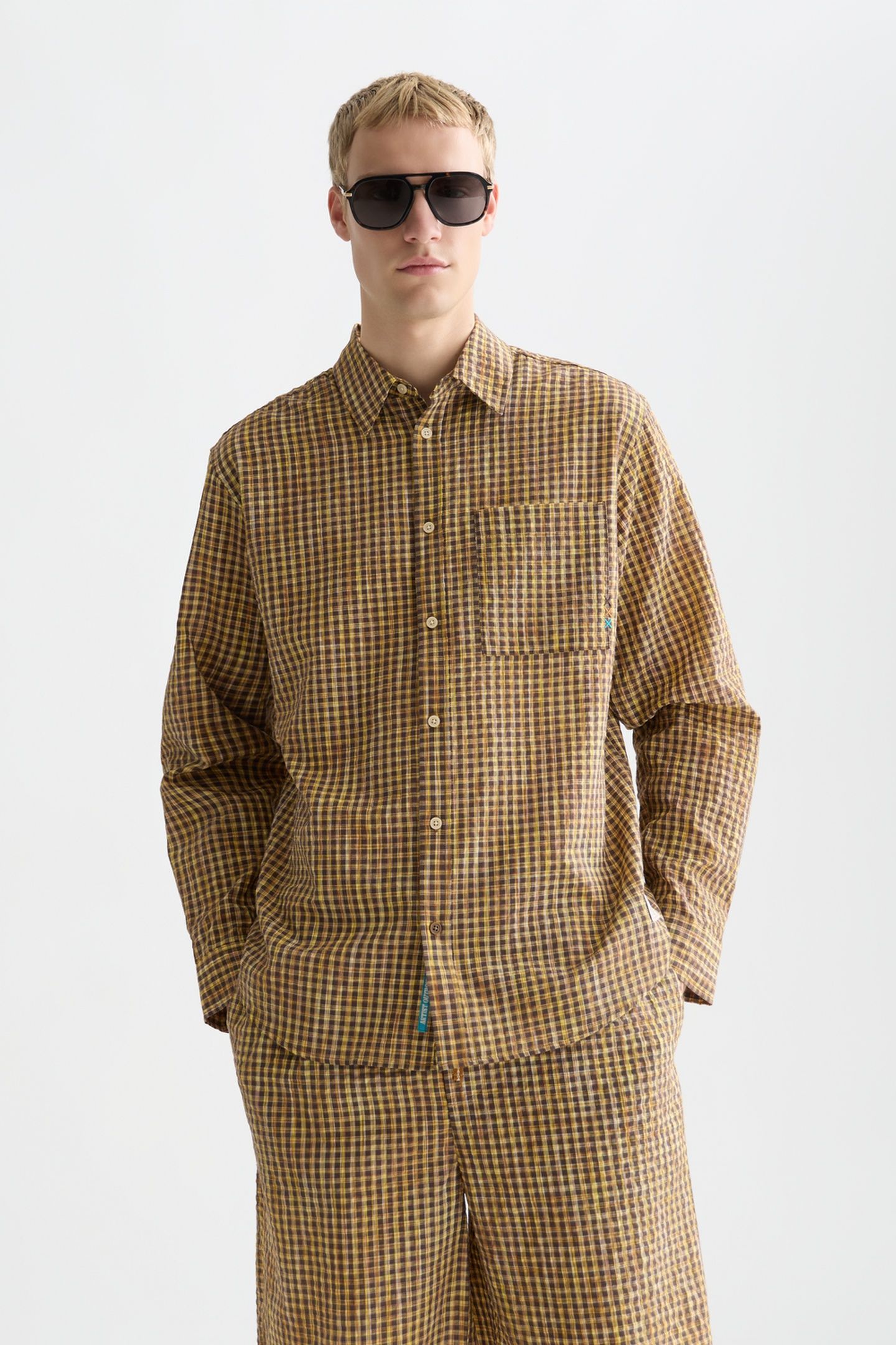 SEERSUCKER MICRO CHECK RELAXEDFIT SHIRT MEDIUM BROWN 1