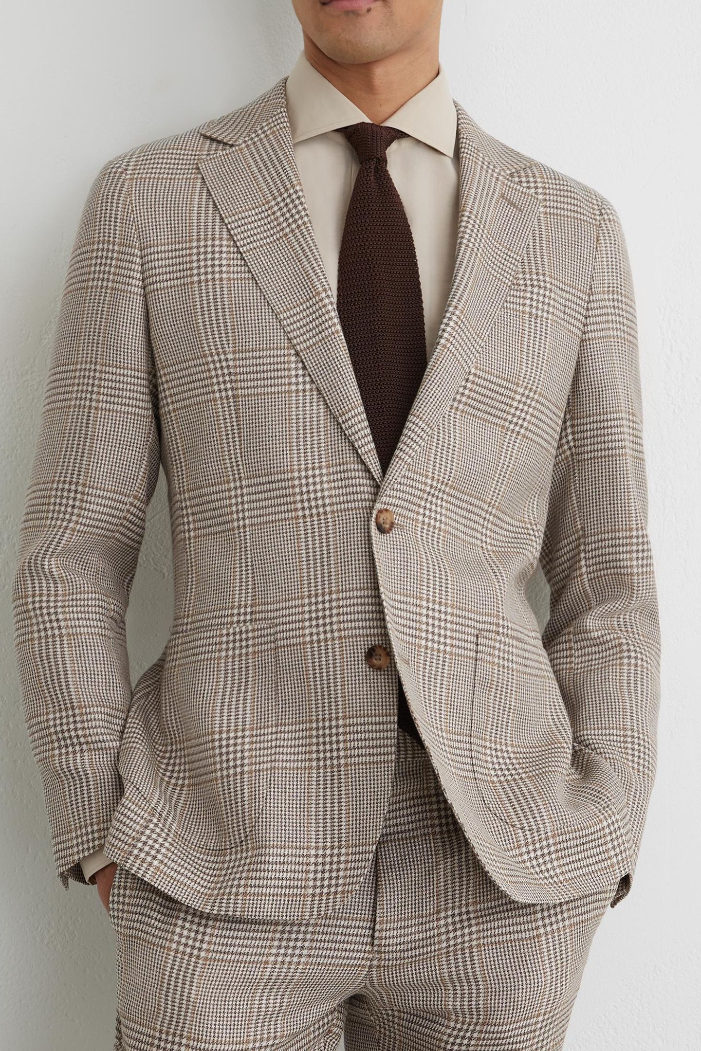 SB 2B NOTCH PRINCE OF WALES CHECK BLAZER OATMEAL BROWN 2