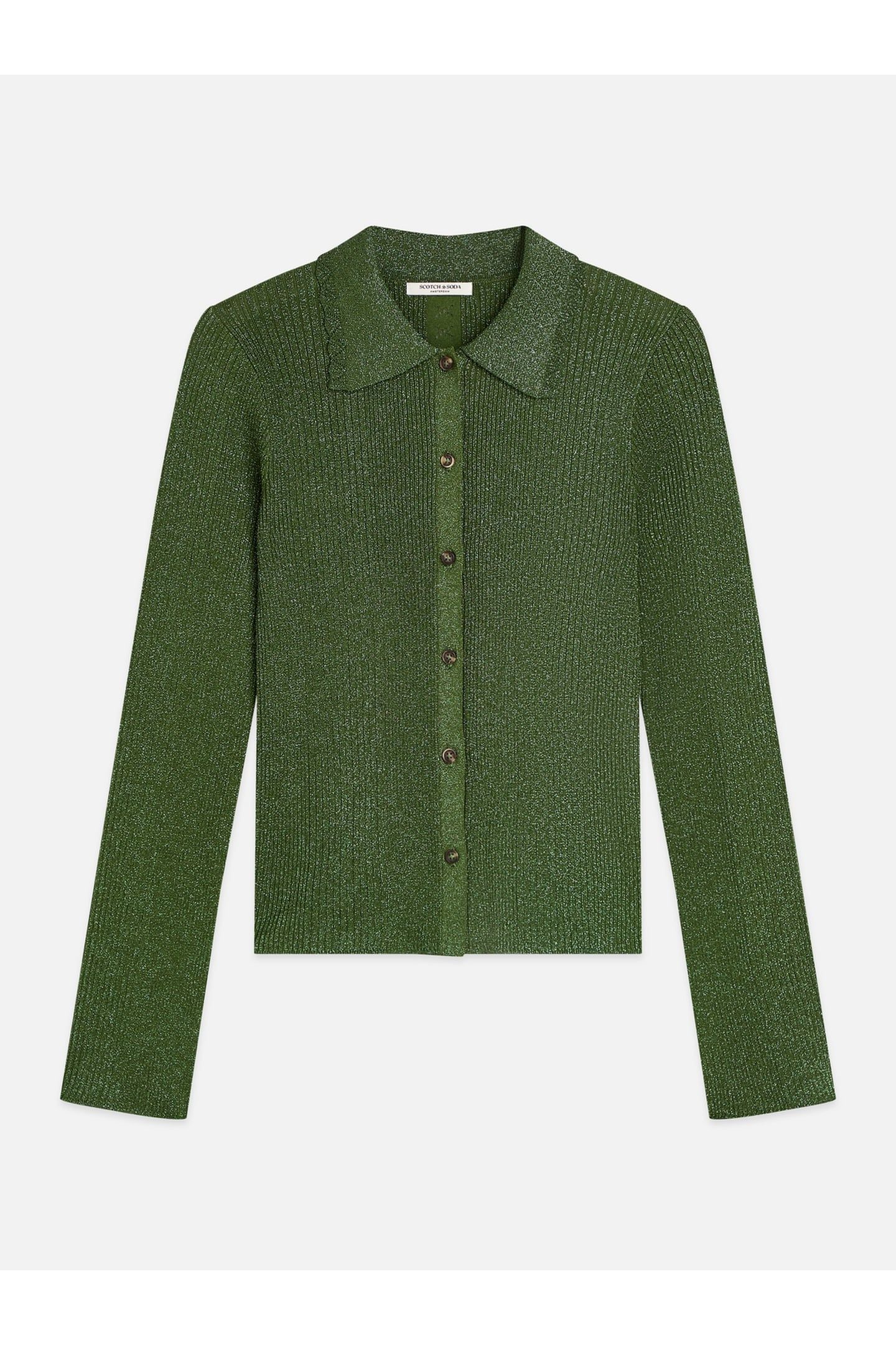 METALLIC RIBBED COLLARED CARDIGAN GARDEN GREEN 1