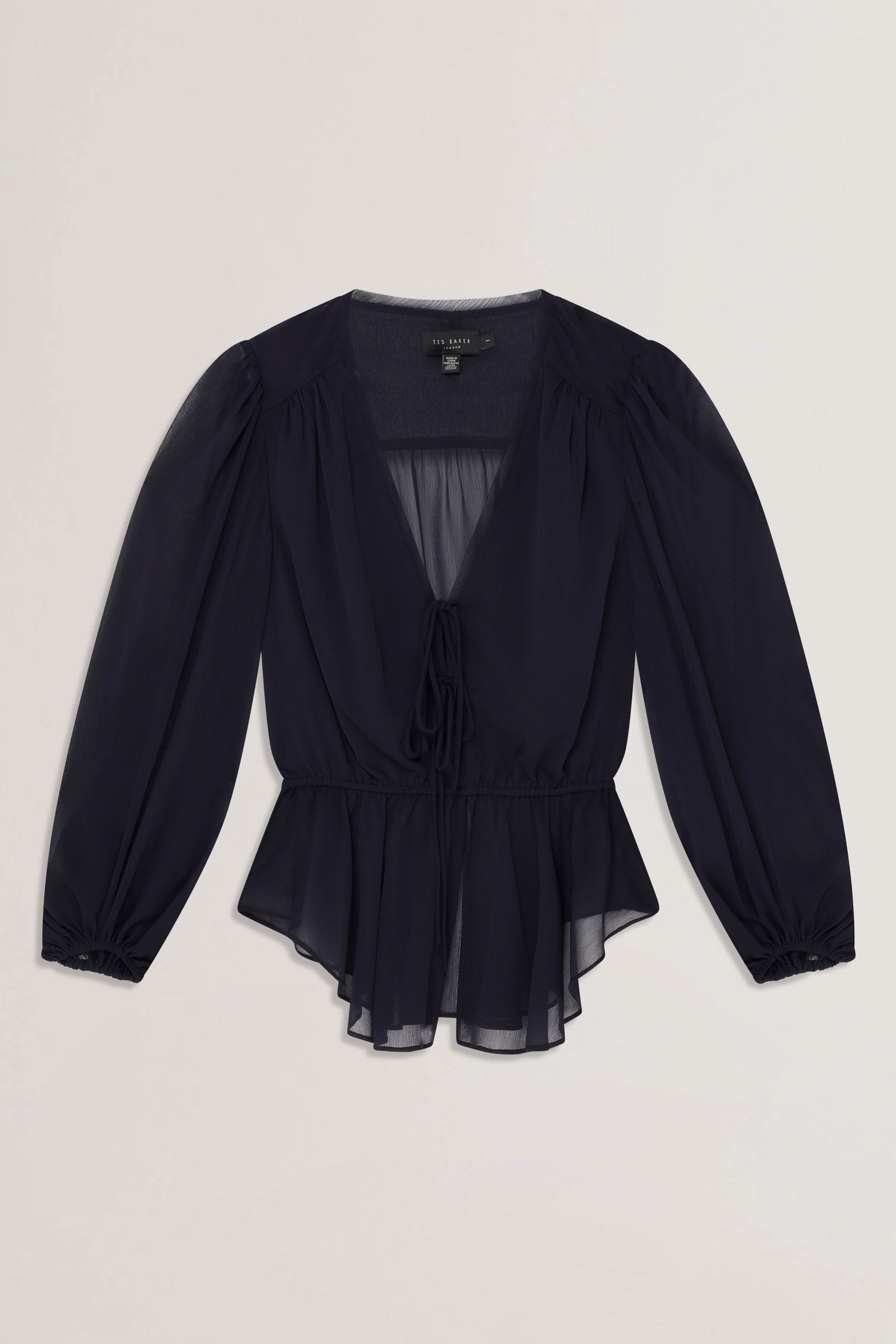 PRINTED TIE FRONT BALLOON SLEEVE BLOUSE NAVY 3