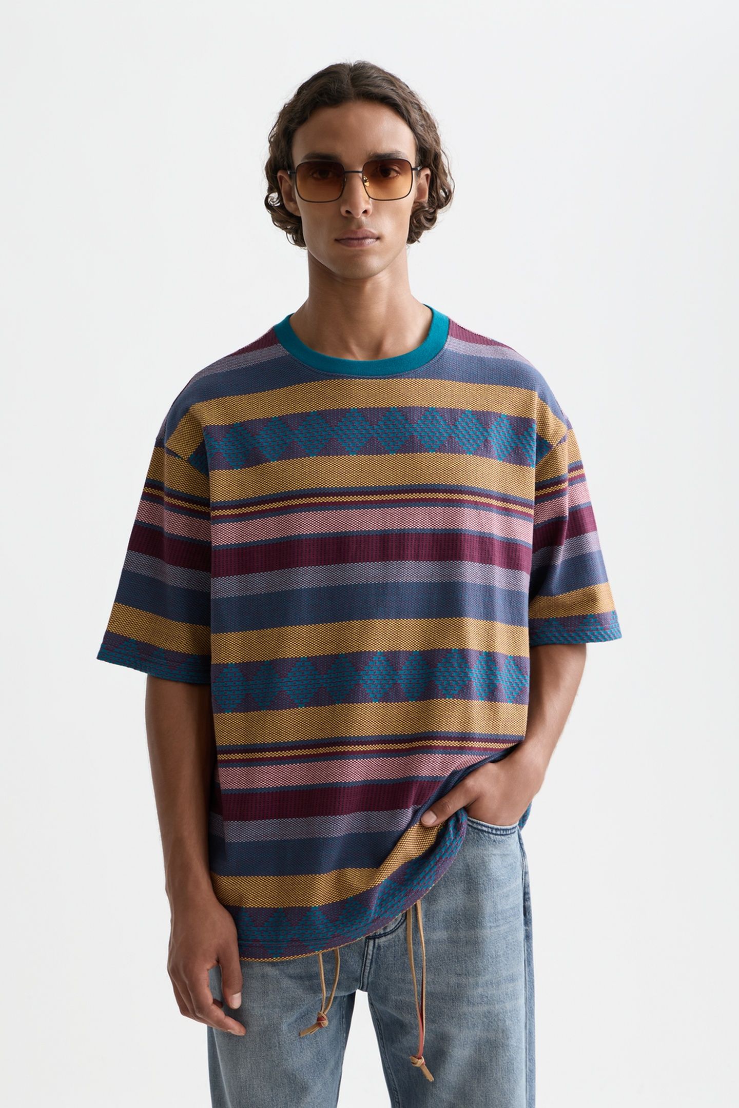 JACQUARD-KNITTED LOOSE-FIT T-SHIRT MEDIUM BROWN 1