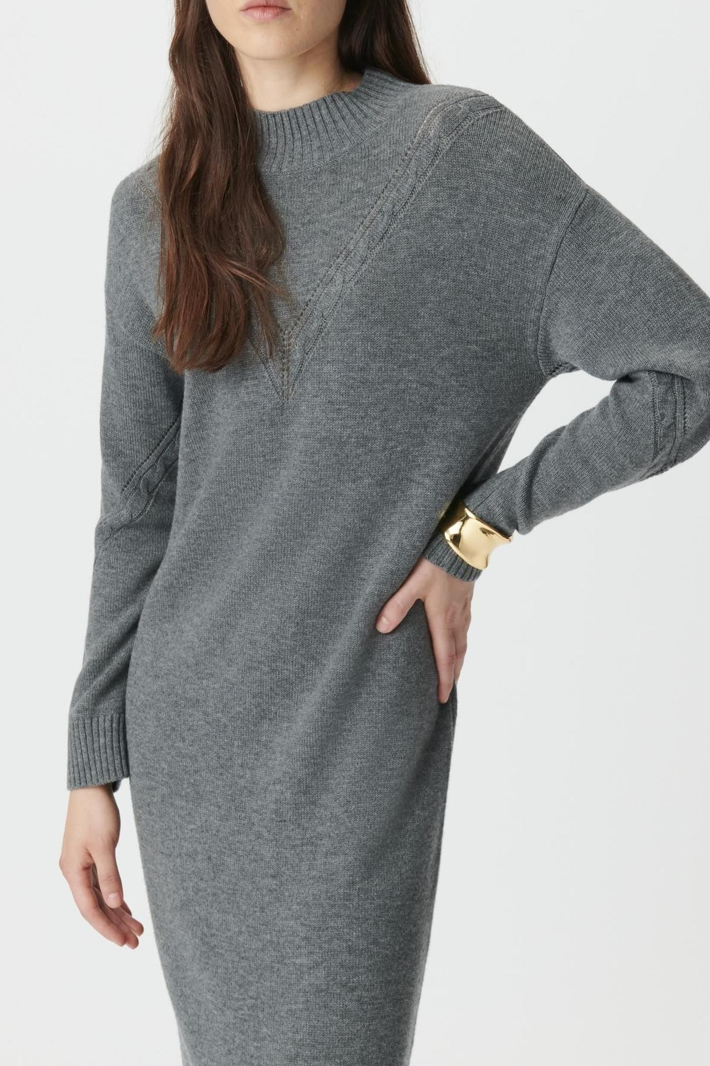 BEIGE SWEATER DRESS WITH PLACED CABLE KNIT 5