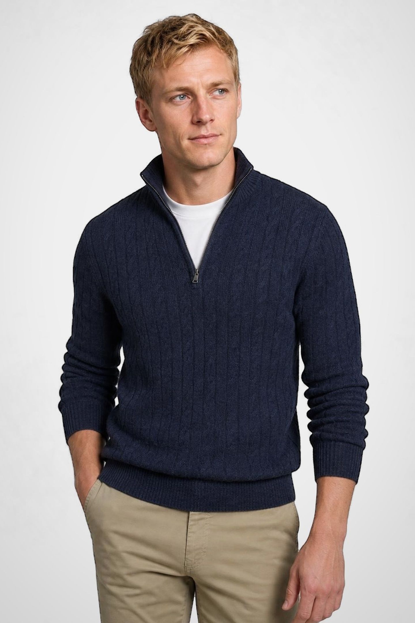 CABLE ZIP MOCK SWEATER NAVY 1