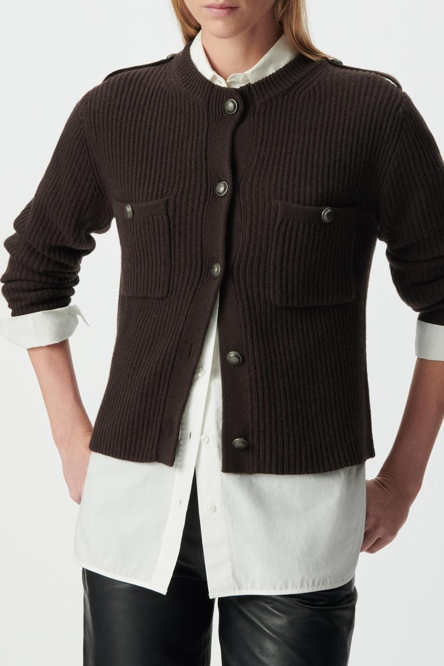 BROWN PURE WOOL RIBBED SHORT CARDIGAN 1