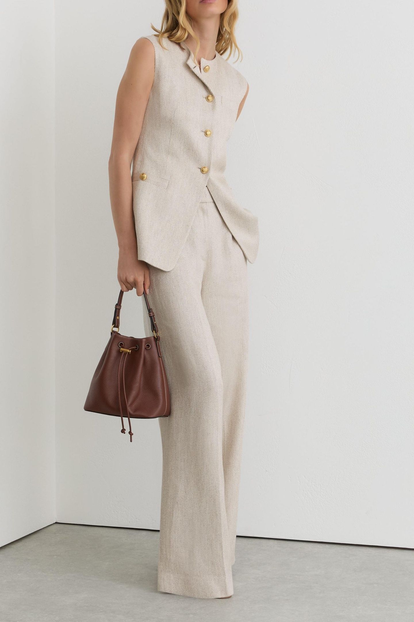 LONG LINE TEXTURED LINEN BLEND WAISTCOAT NEUTRAL 1