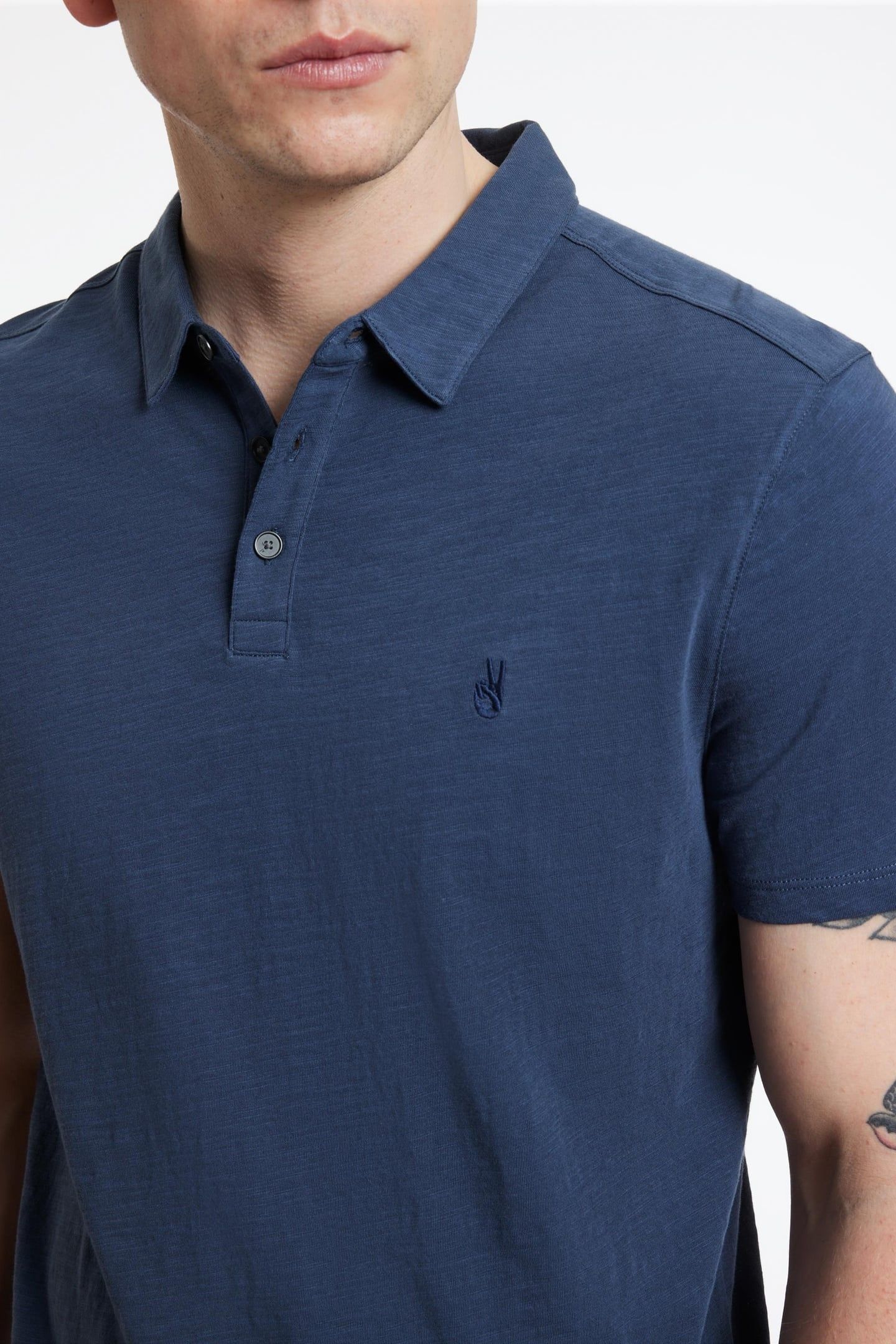 VICTOR SS SLUB COTTON POLO W PEACE SIGN EMBROIDERY OILED BLU 3