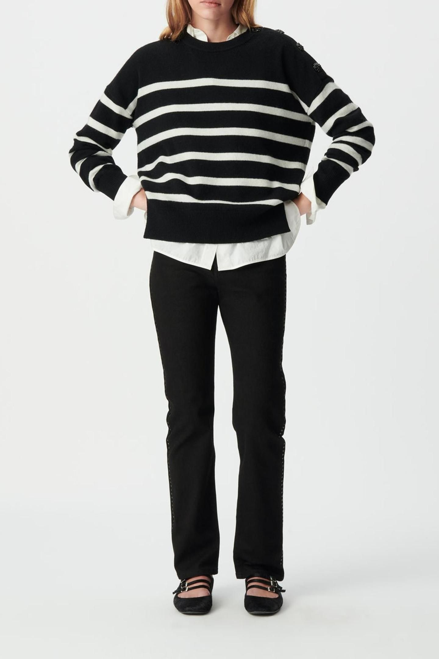 BLACK ECRU PURE WOOL SAILOR SWEATER, BUTTONS 3