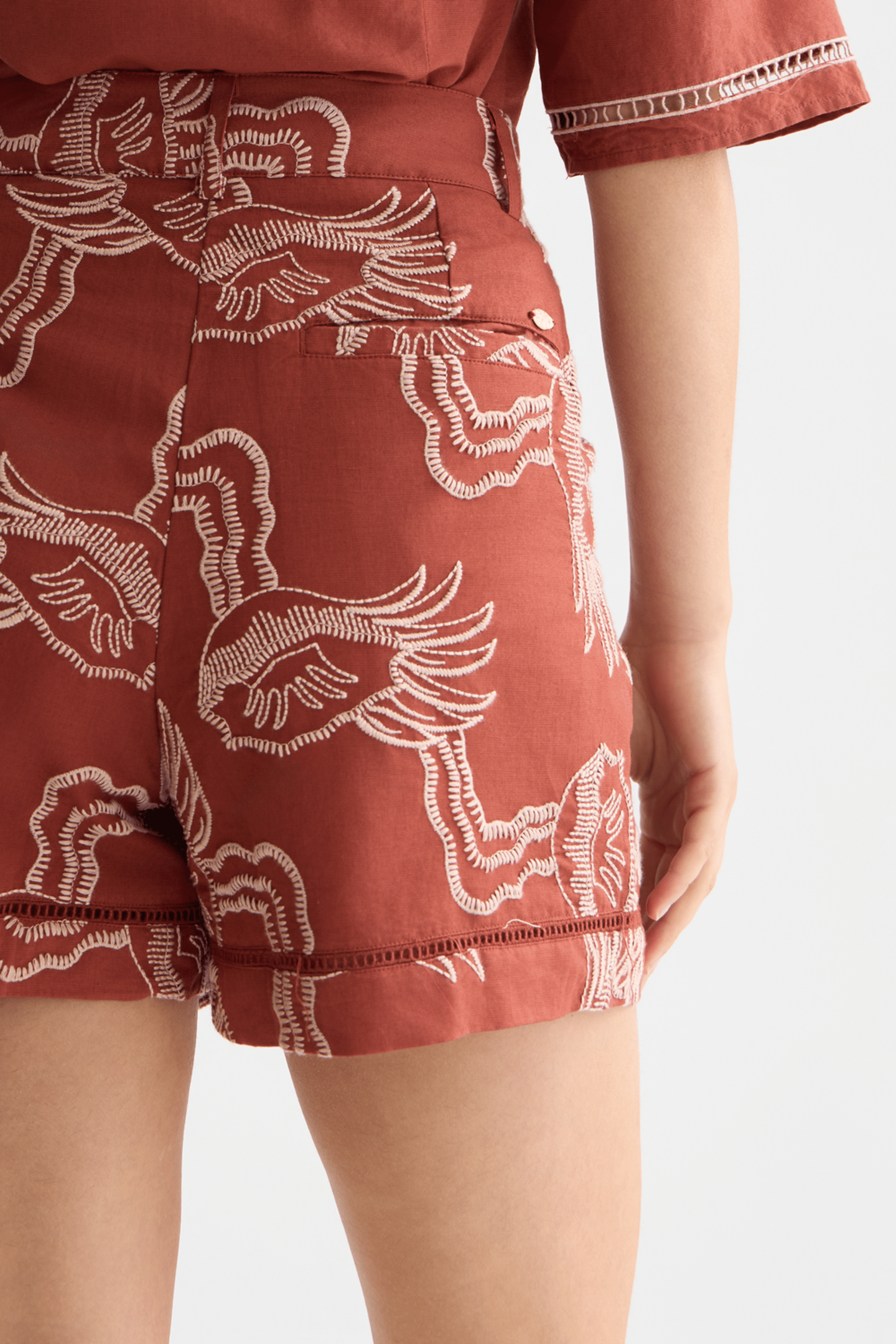 EMBROIDERED LINEN BLEND SHORTS BURNT HENNA 6