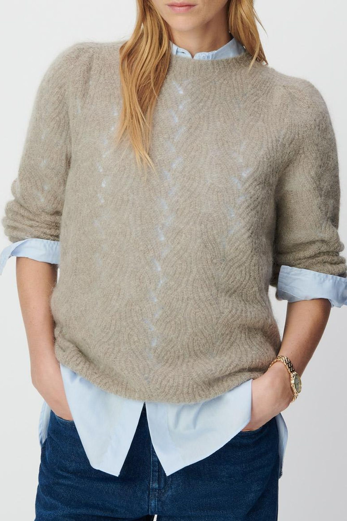 BEIGE MOHAIR-BLEND DECORATIVE CABLE KNIT SWEATER 1