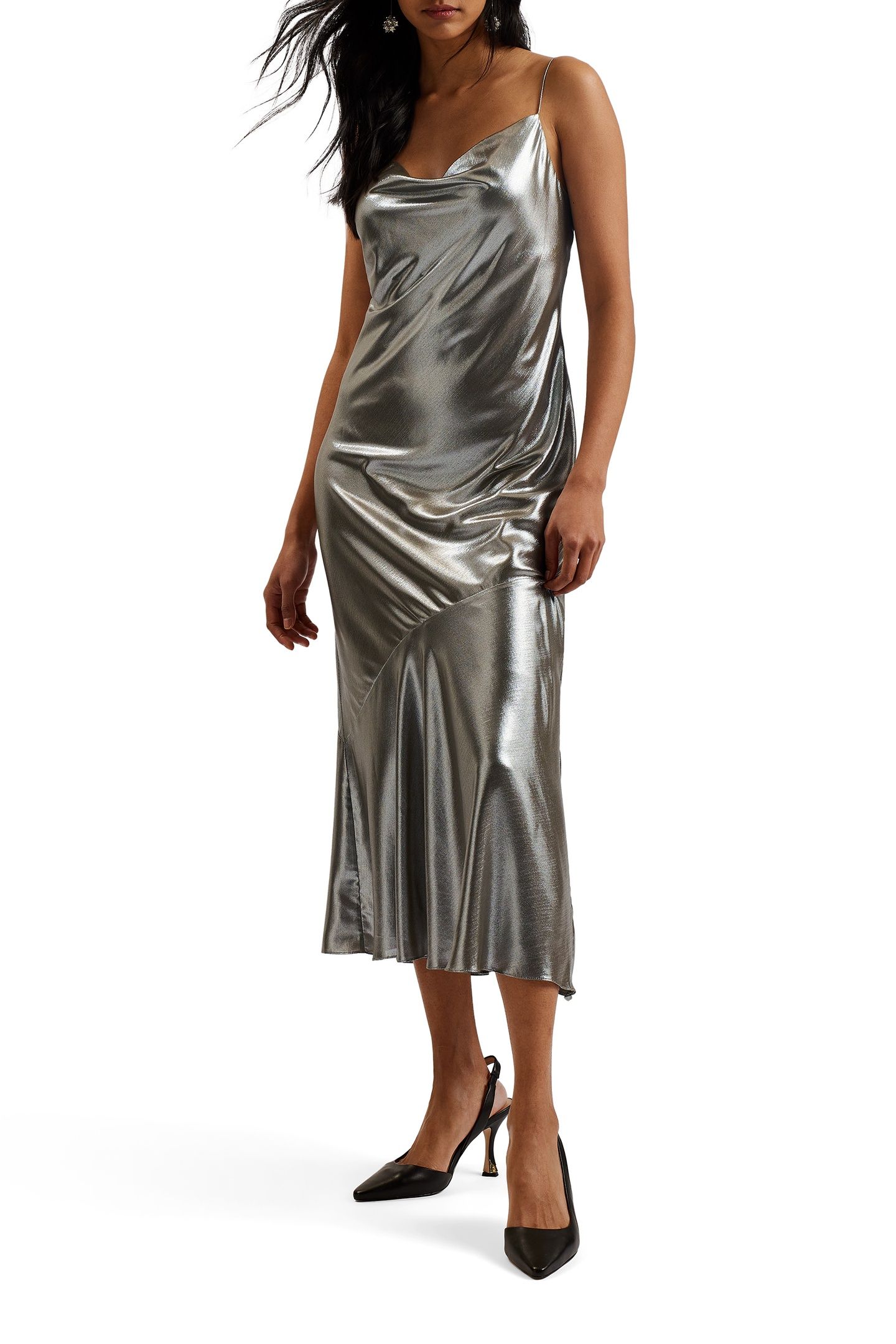 LIMERN COWL NECK BIAS CUT LUREX MIDI SILVER 1
