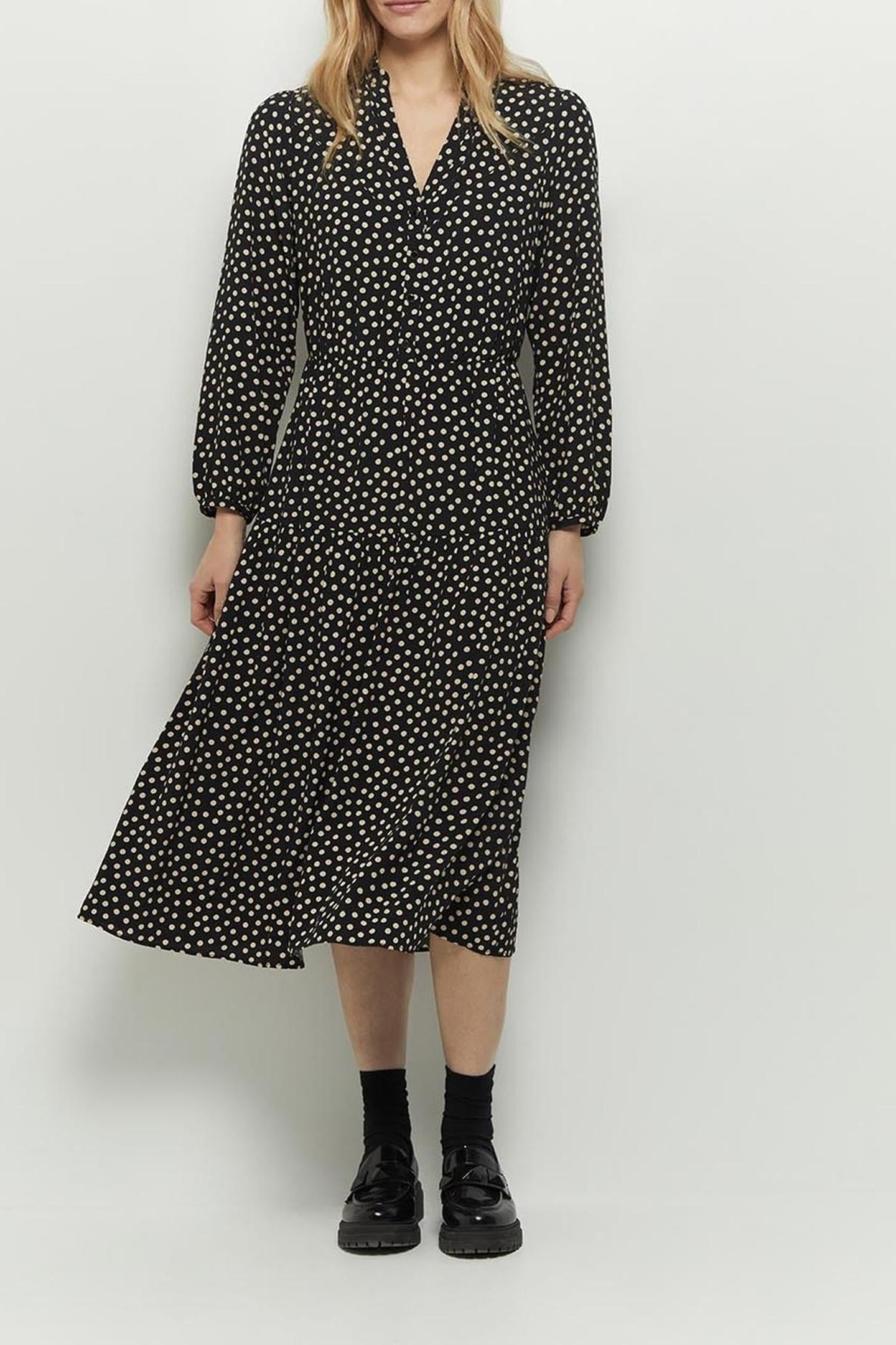 ROMANE _ BLACK VISCOSE MIDI SHIRT DRESS WITH POLKA DOT PRINT 1