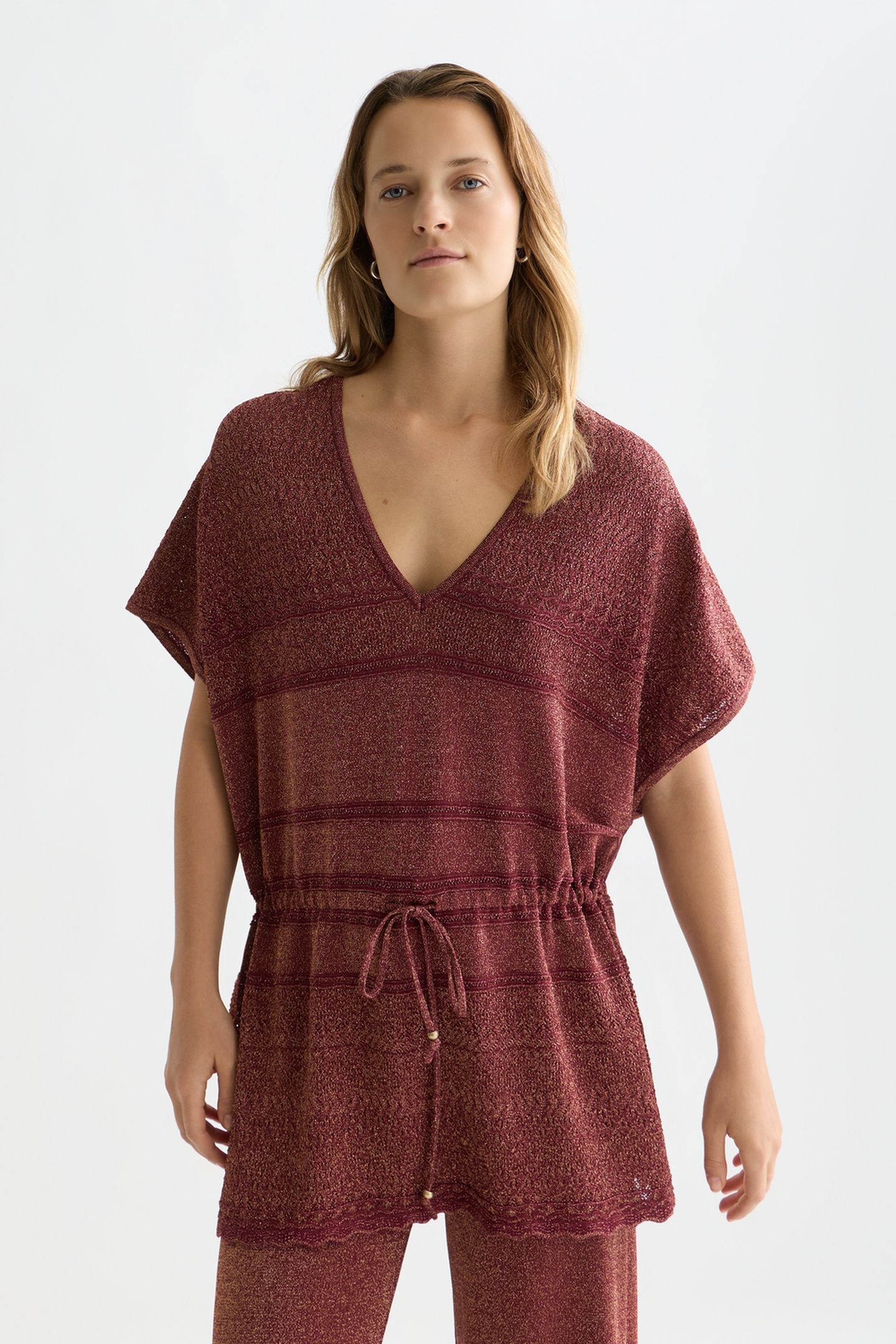 METALLIC POINTELLE KNITTED TUNIC BURNT HENNA 1