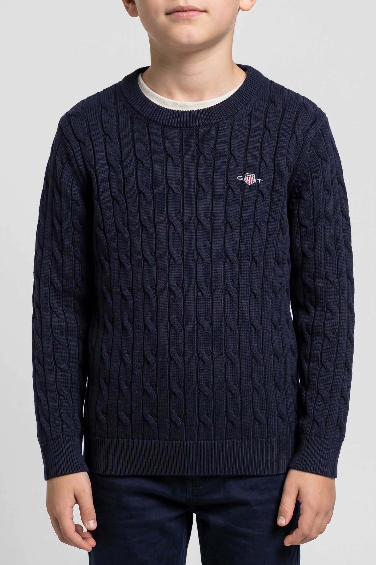 KIDS UNISEX COTTON CABLE SHIELD CREW EVENING BLUE 1