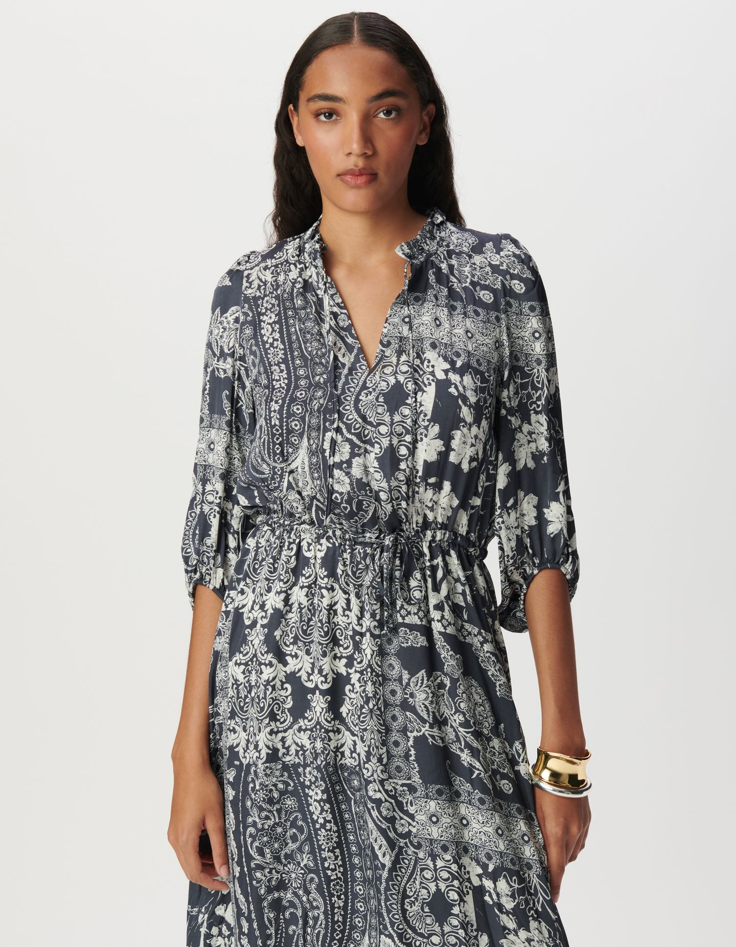 GREY BLUE SATIN LONG DRESS WITH SCARF PRINT 4