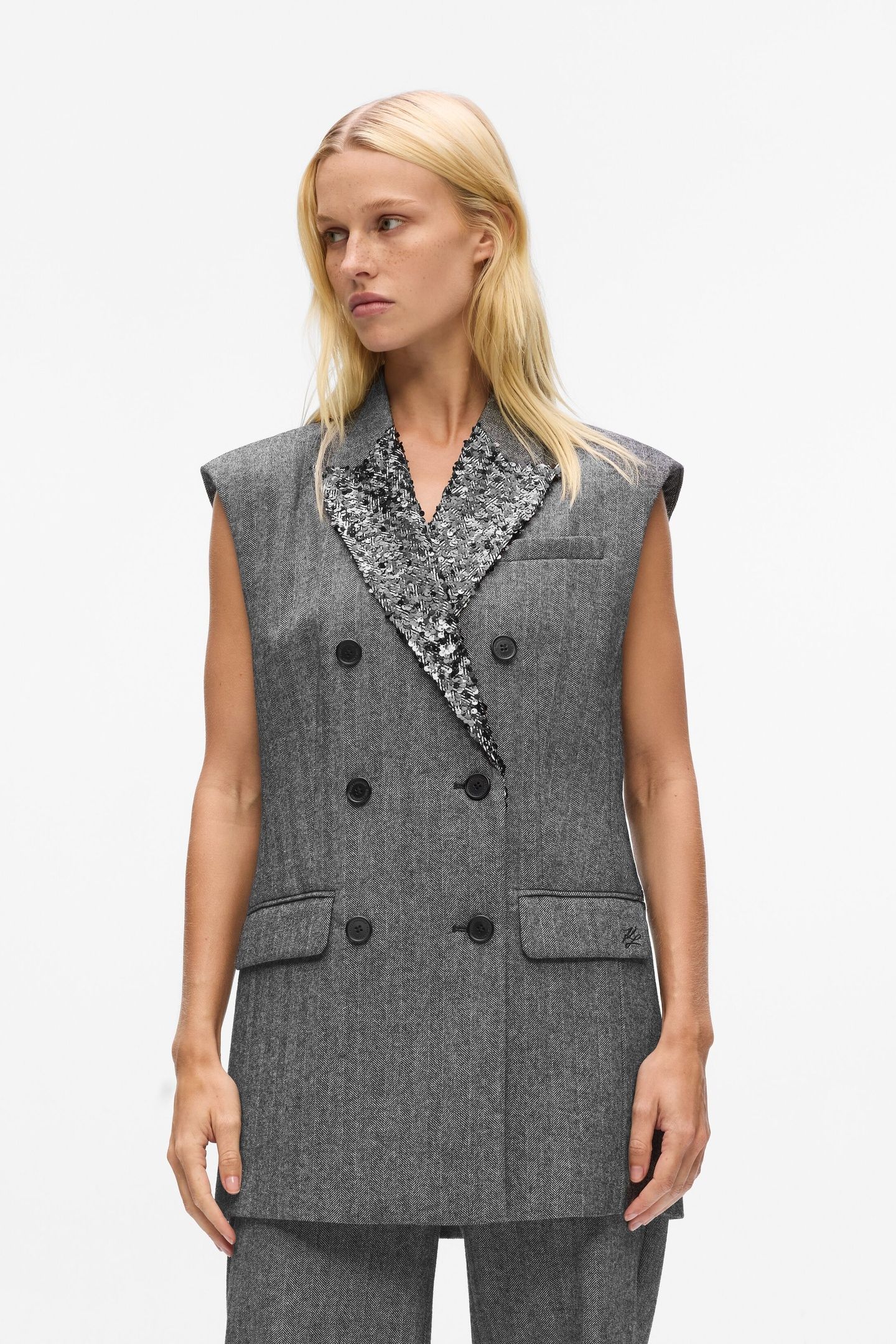 EMBELLISHED LAPEL TWEED GILET GREY/BLACK 1