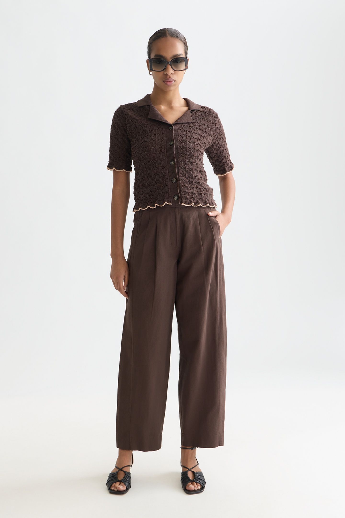 POINTELLE SHORT SLEEVE CARDIGAN HOT FUDGE 3