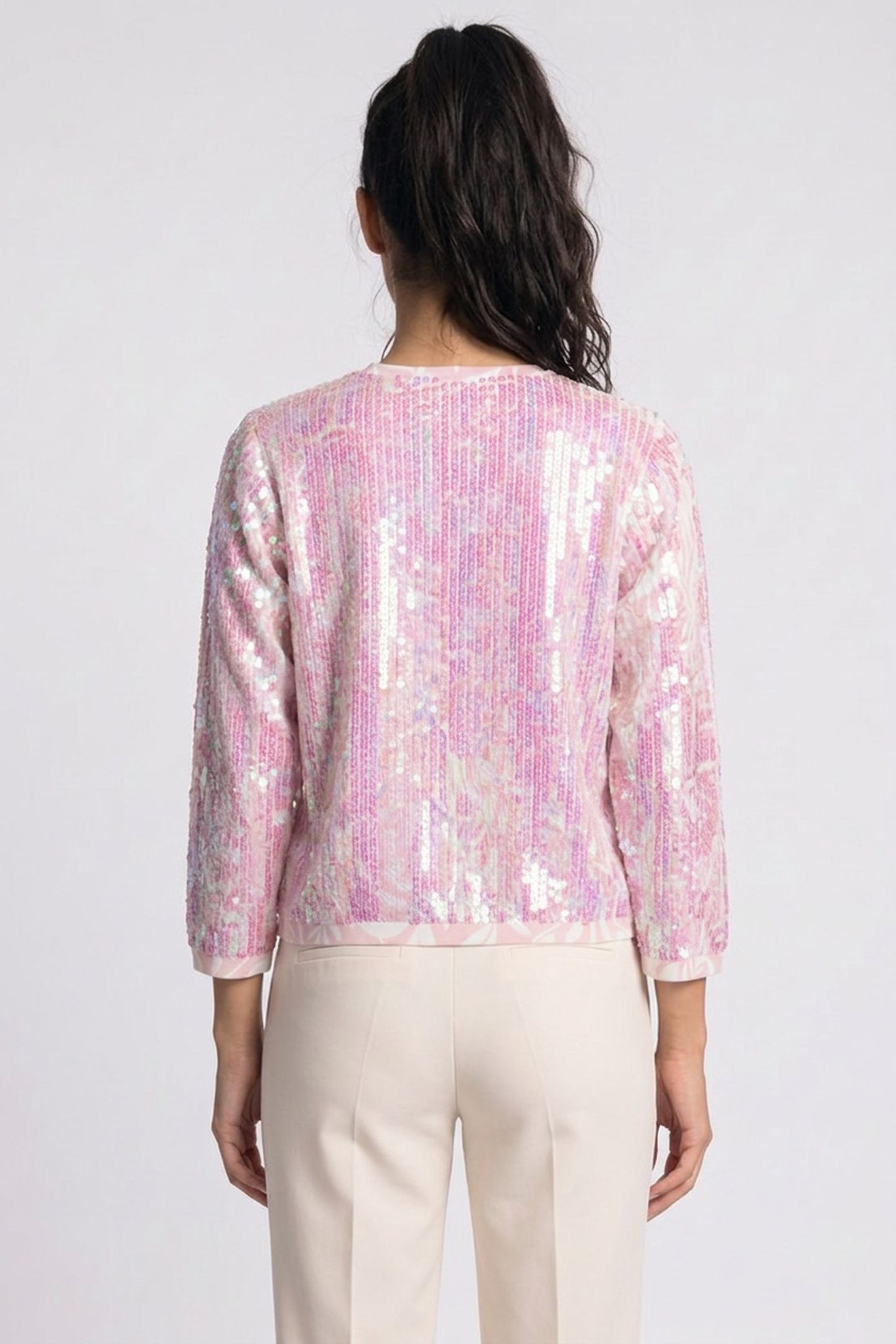 TSERIA PRINTED SEQUIN CROPPED CARDIGAN PINK 2