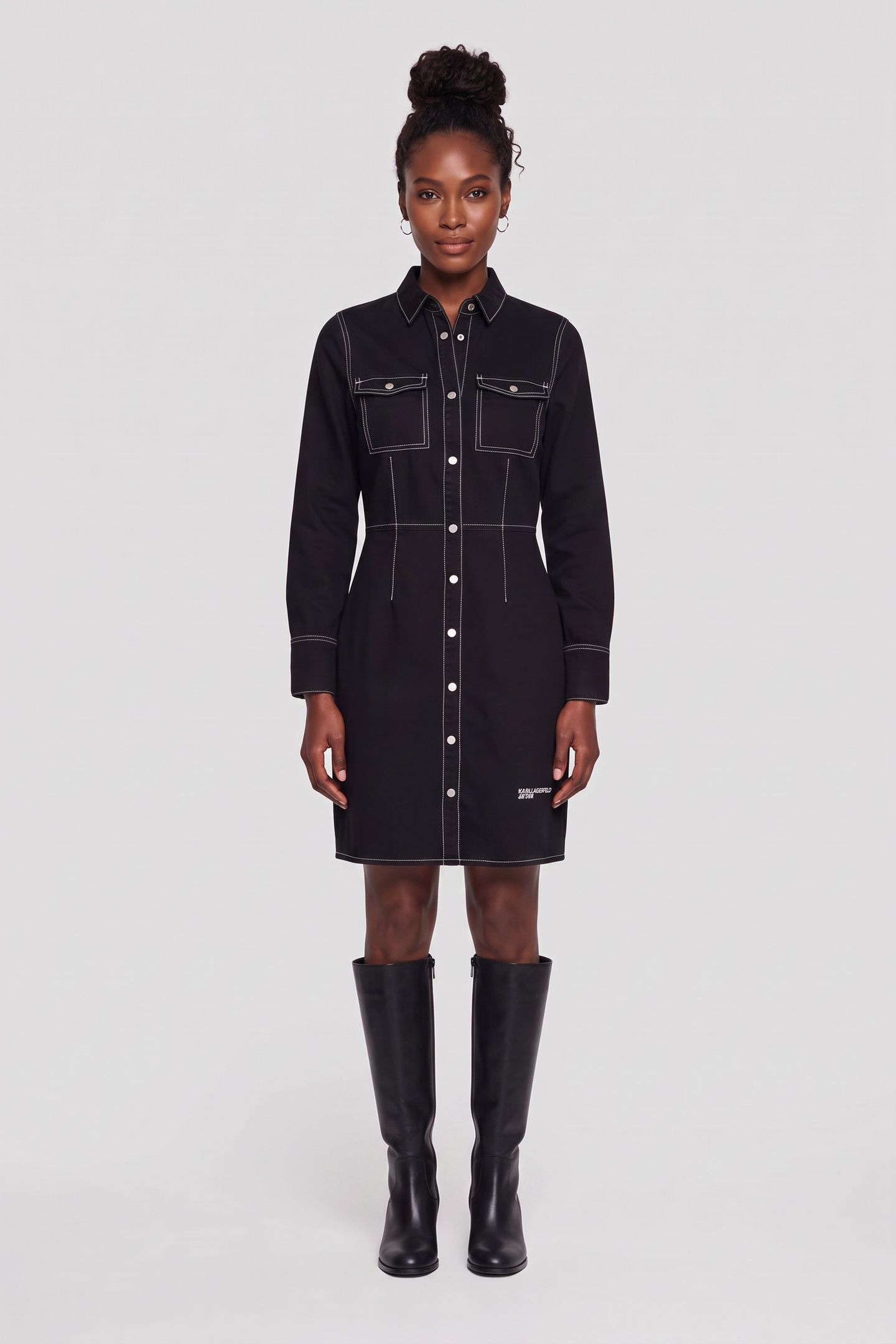 KLJ LSLV CONTRAST DENIM DRESS MINIMAL WASHED BLACK 3