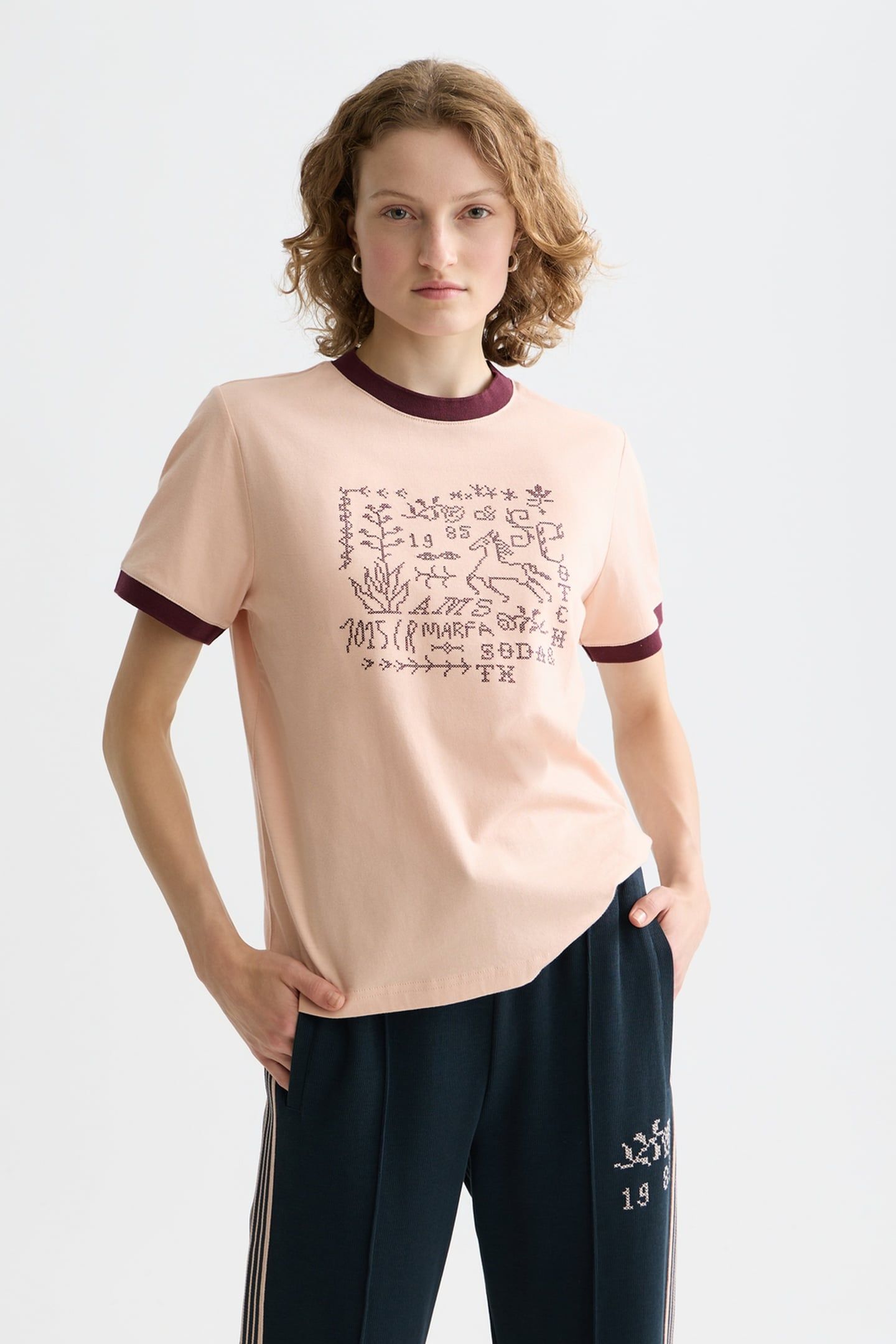 EMBROIDERED RINGER REGULAR FIT T-SHIRT ROSE DUST 1