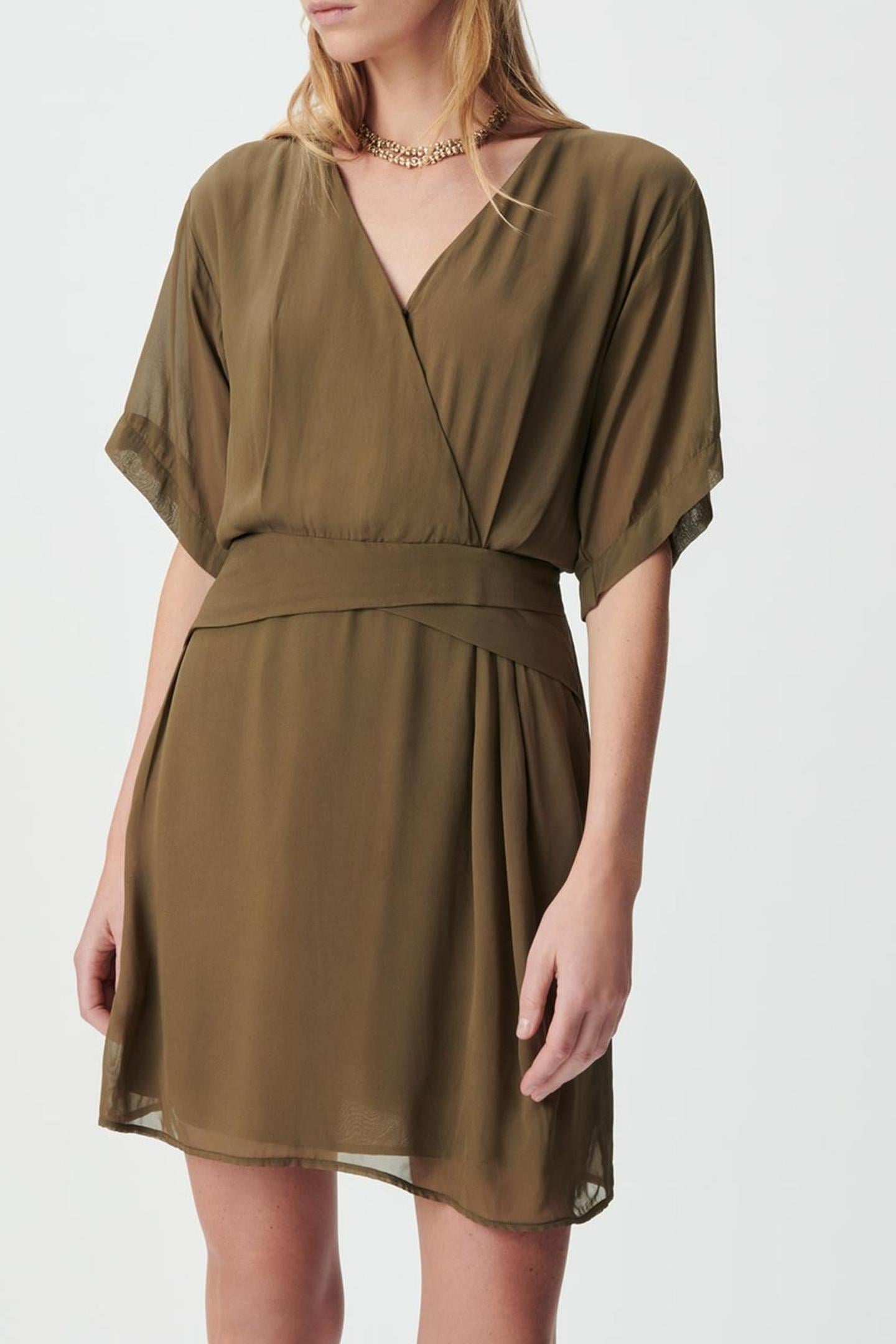 KHAKI WRAP DRESS WITH DRAPED WAIST 1
