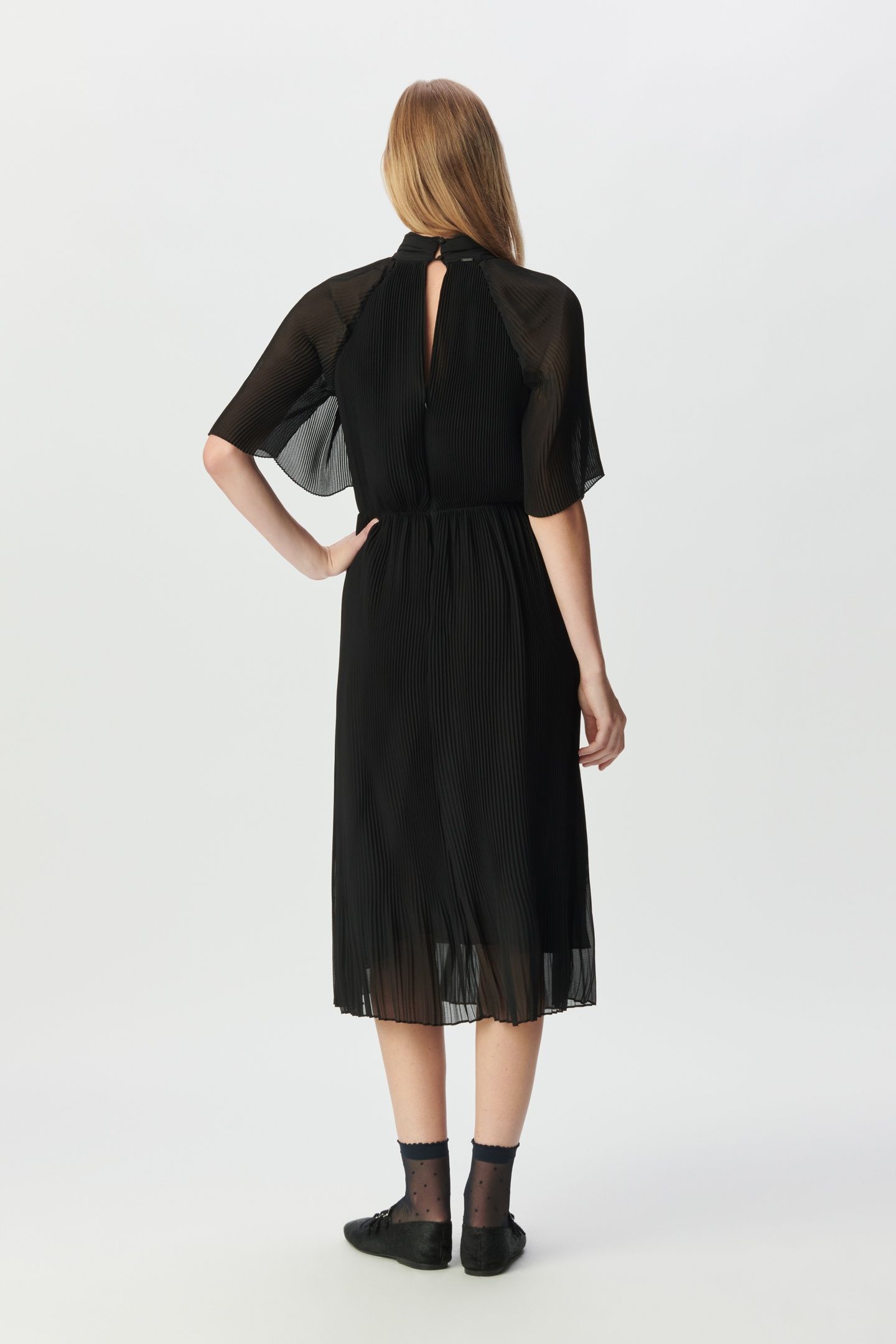 BLACK PLEATED VOILE DRESSY MIDI DRESS 2